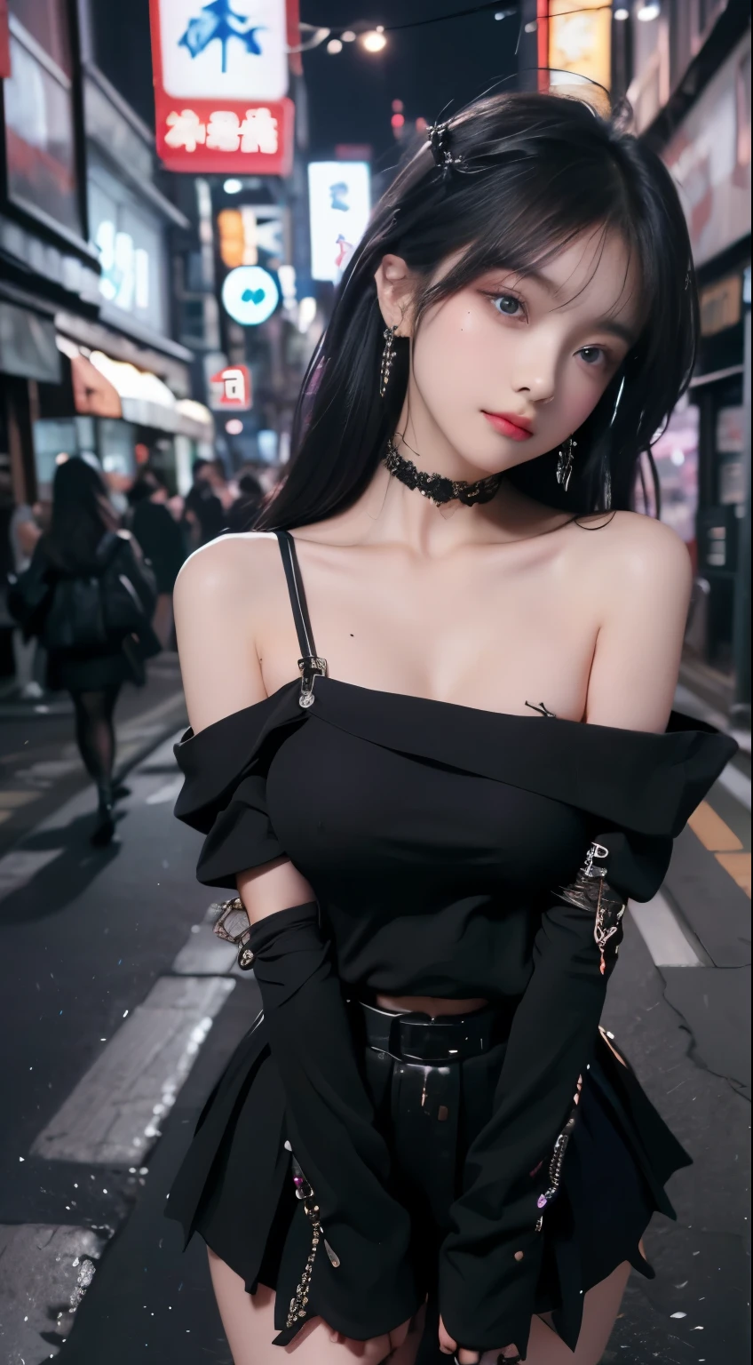 4k-ultra sharp、highest quality, masterpiece, ultra high resolution, (reality: 1.4), girl, purple eyes, Off-the-shoulder sweater dresses, cinematic lighting、purple and black hair、(Mine girl、goth makeup、mine makeup)、(Pierced ears、big breasts、Oversized black T-shirt with open shoulders、Dark mini skirt)、((dark makeup、oil skin,sparkling skin、realistic skin texture、detailed beautiful skin、shiny skin)), night's dark downtown、night、blue film photography、Kabukicho、Dark Cyberpunk、(full shot:1.8)、thin legs、thin arms、thin shoulders、thin waist、slender body、big breasts、whole body