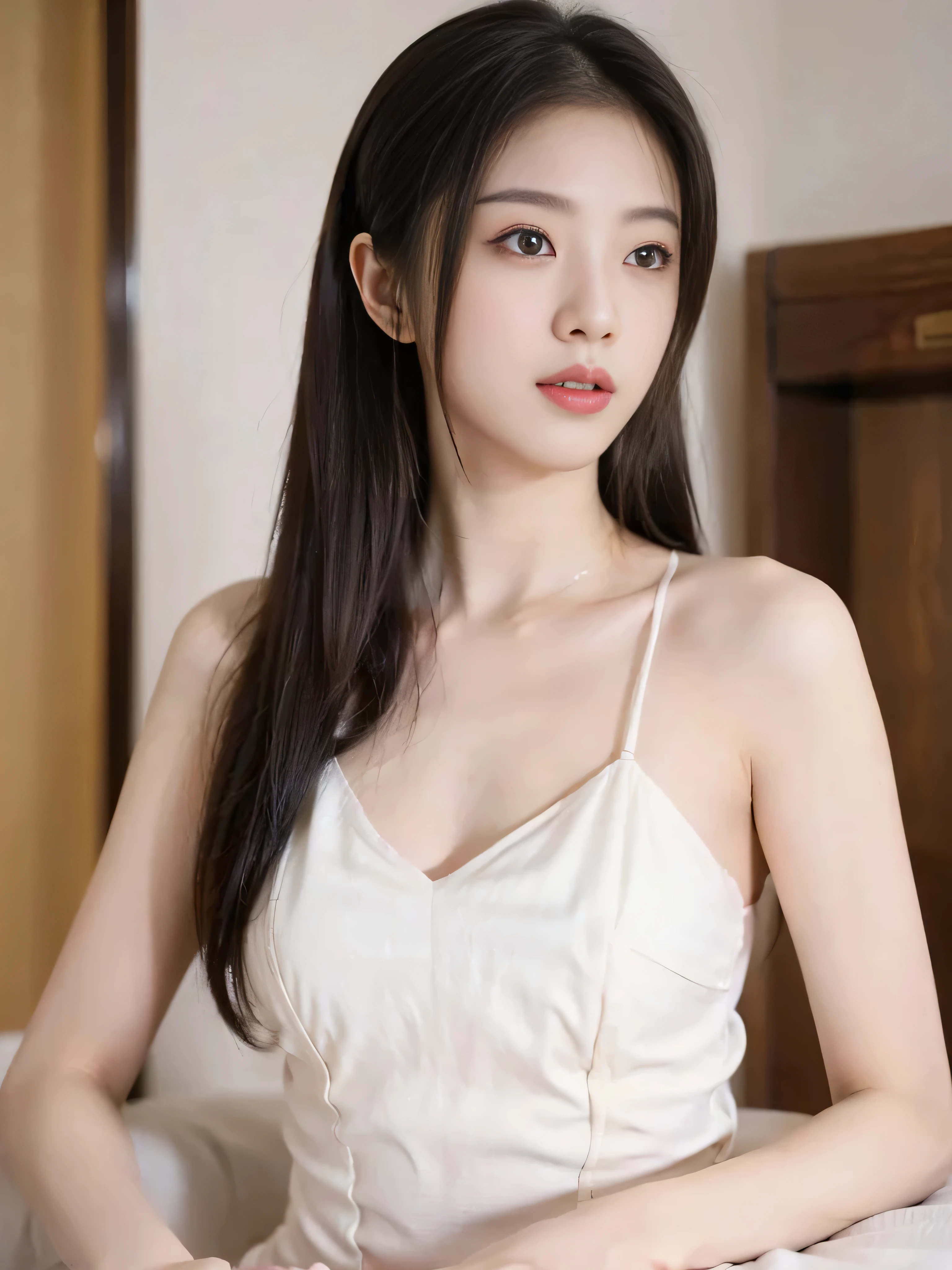 a pretty girl , Medium length hair, very plump breasts ,A beautiful girl with a clear body outline , simple background,Lying down
