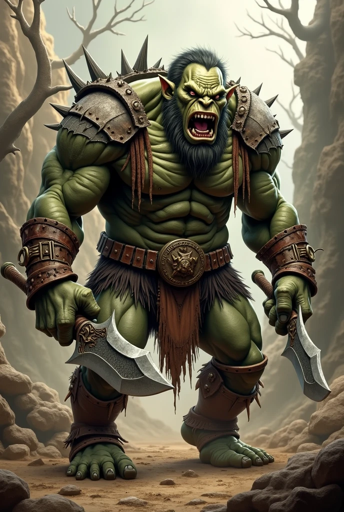 Grok is a robust and muscular goblin, with lighter green skin and scars from past battles. His eyes glow with constant fury, and he wears makeshift skin armor and uses a giant&#39;s axe.