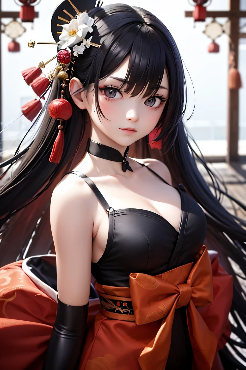 Beautiful Japanese women depicted in the highest quality manga。Her eyes are expressive、Have a perfect face。She has the charm of a cute anime character.、Wearing a beautiful Japanese kimono。The kimono has a dragon embroidered on it..、Features black and red colors。She has long black hair typical of Japanese women.、I have a ponytail hairstyle。Her single eyelid is attractive、A sexy look with a hooded eye style、deep set hairstyle。Her smile exudes a mysterious charm、She brightens up the situation with beautiful images。