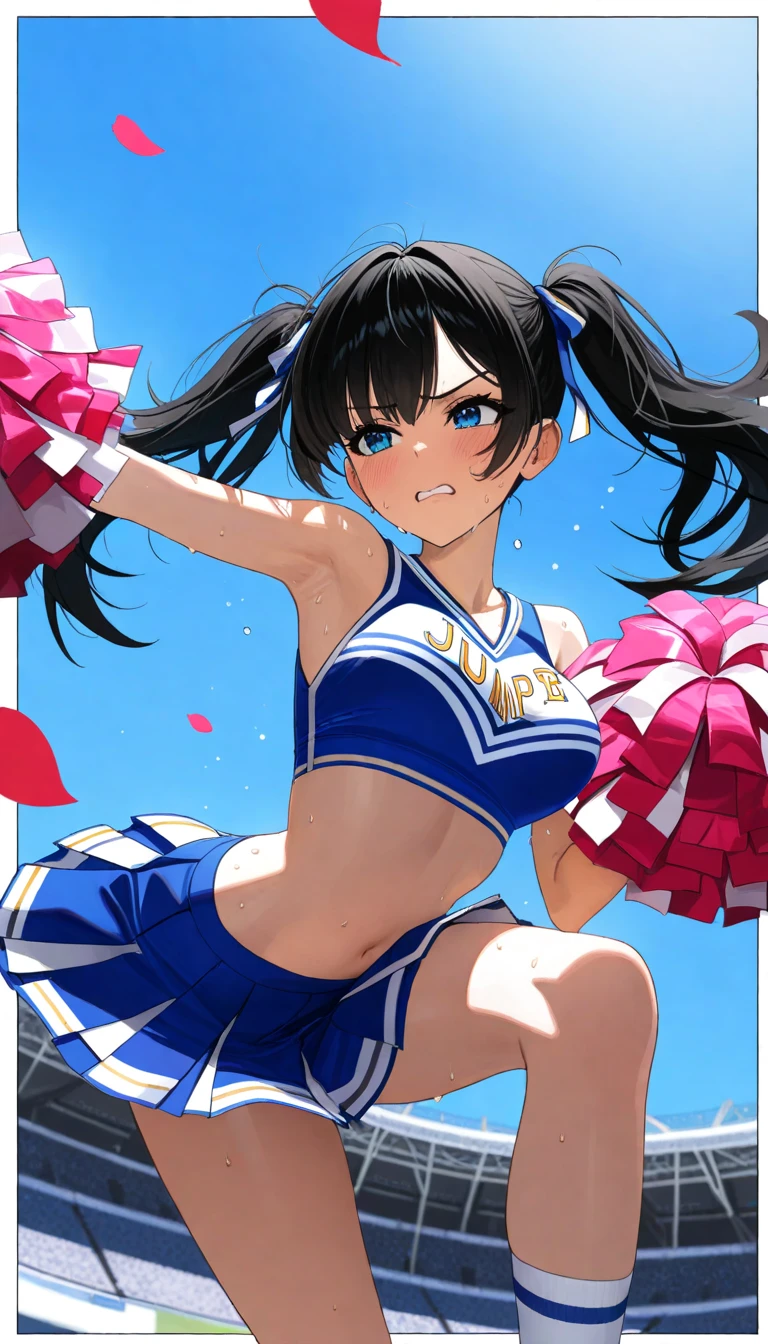 Highest quality,Highest Resolution,Beautiful smiling girl cheerleader holding pom-poms,Sweat flying,Big eyes,Belly button,Underwear that becomes transparent due to sweat,Black hair ponytail,Abdominal muscles,Diagonally below,Arena,support,Outdoor,Sunshine,Open your mouth and drool,Dripping a lot of saliva,