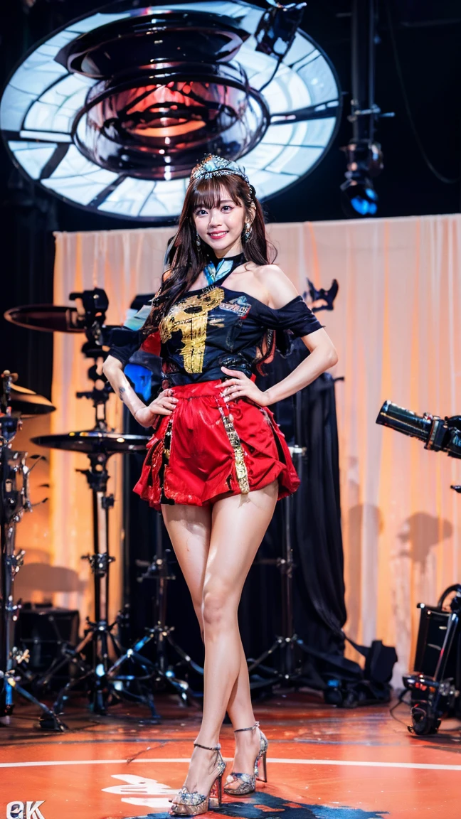 A short and cute idol、whole body、Good style、、Shiny red frilly idol costume、、A pure idol face、stage、White skin、Cleavage