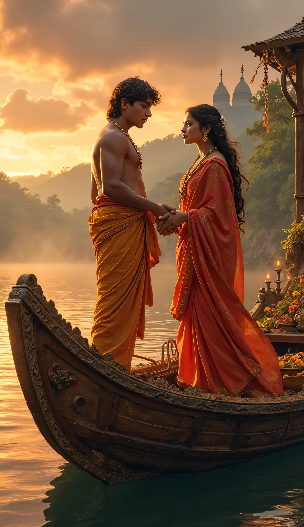 Here’s a detailed image prompt for your scene:

Prompt:
"A highly detailed and atmospheric illustration of Rishyasringa, a young sage around 25 years old with delicate yet strong features, dressed in simple yet elegant saffron robes. He has a serene and innocent expression, gazing curiously at a beautifully adorned young woman who is gently holding his hands. The woman wears a vibrant, traditional Indian outfit with intricate gold jewelry, her expression warm and inviting. She looks at him with a mix of charm and reverence, subtly guiding him.

The background features a grand boat designed to resemble a traditional Indian hermitage (ashrama), with wooden carvings, sacred symbols, and a thatched roof. The deck is decorated with flower garlands, flickering oil lamps, and flowing silk drapes. The boat floats on a calm river that reflects the golden hues of the setting sun, with gentle ripples forming as it begins its journey.

In the distance, misty forests and temple spires hint at the kingdom of Anga. The sky blends warm twilight tones with dark clouds subtly forming, foreshadowing the rain that Rishyasringa's presence will soon bring. The composition captures the dreamlike, mystical atmosphere, emphasizing the sage’s innocence and the woman’s carefully guided influence."
