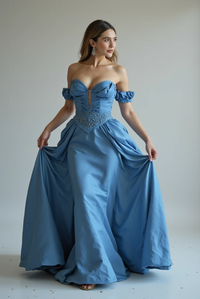 A woman emerges from a dressing room door wearing a pale blue satin dress. The fabric shimmers, highlighting her fair skin. The bodice is a strapless design that shows off her smooth shoulders. The waist is cinched, accentuating her hourglass figure. The skirt is floor-length and flows gracefully with her movements, giving her the appearance of a regal queen.