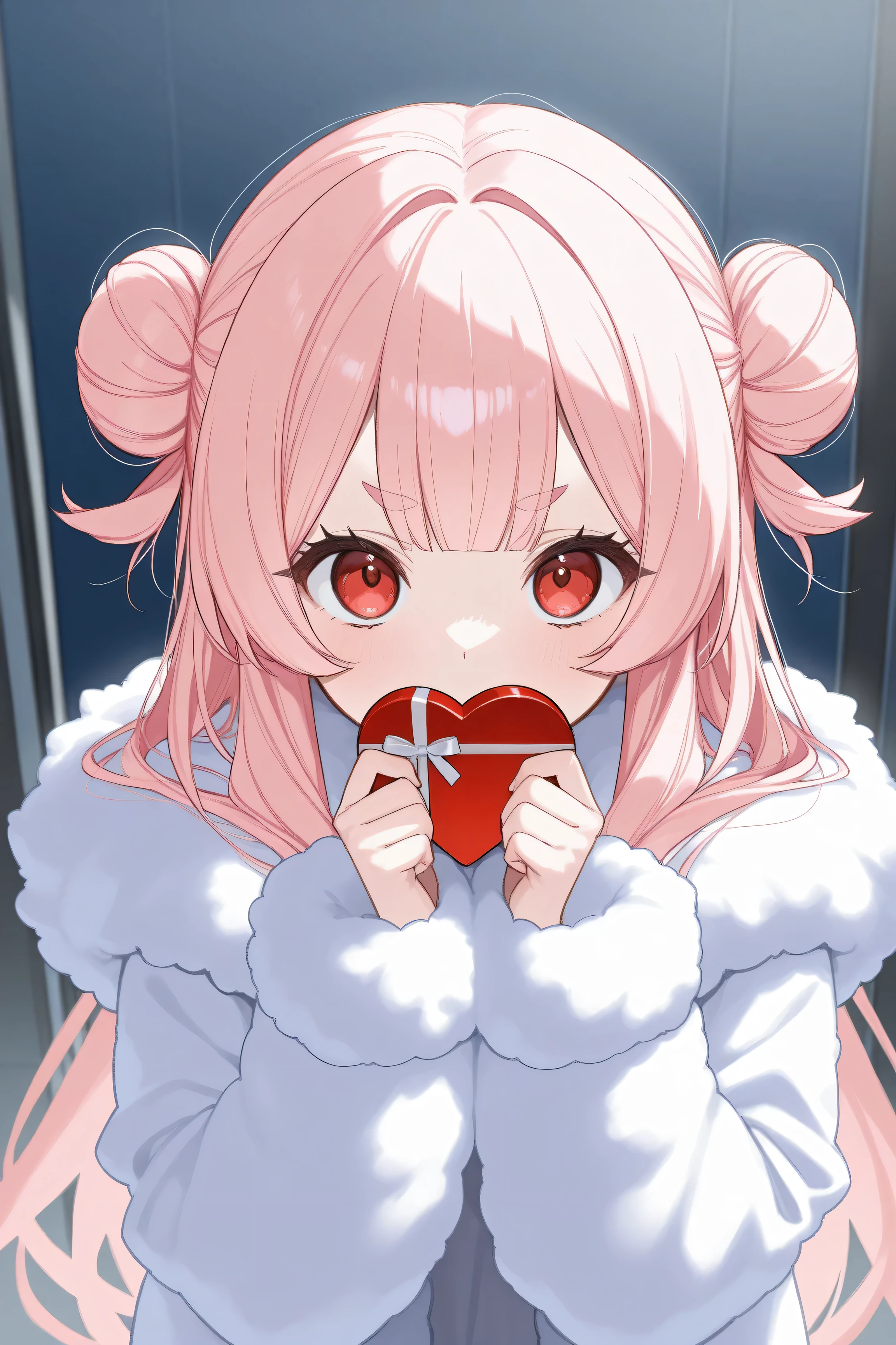 ( Masterpiece,  top quality:1.2), , Alone,  1 girl,   pale pink hair、 bun hair、 half twin、 with long hair 、 Princess Cut、narrow oval eyebrows、 red eyes、 fluffy coat、Buy 5 egg-shaped chocolates、