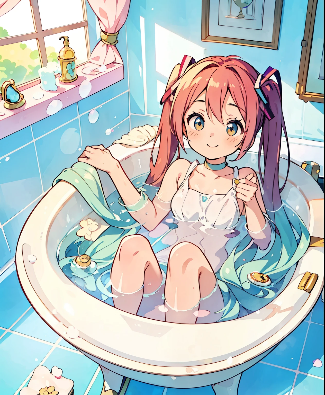 ( masterpiece、 top quality、 top quality、 Official Art、  beautiful and beautiful  :1.2)、( one girl:1.3) Hatsune Miku、 twin tails, beautiful breasts,  pros,  by Nomi,  girl lying in the bathtub taken from above,  she's facing the front , scooping bubbles with her hands 、 she's smiling,Her body is hidden in bubbles ,She is taking a bath,  she has beautiful makeup , A bathtub full of bubbles , A picture of bubbles flying in the foreground , SFW censored with soap bubbles,  intricate and detailed 