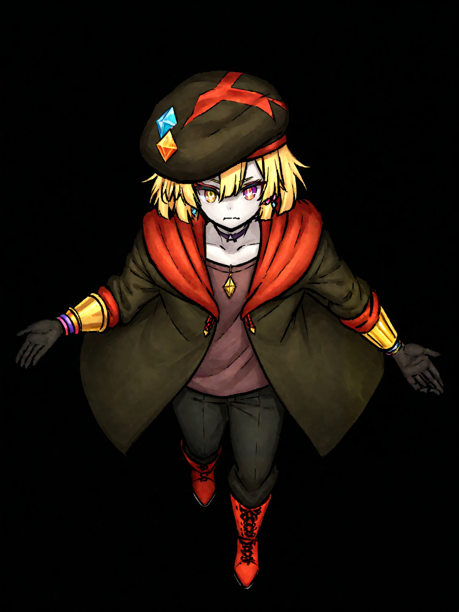 An boy with pale skin, with a more gothic air in his essence, with a more serious face.. his eyes are rainbows . He wears a necklace that has a small cyan crystal in the geometric shape of an octahedron . a bluish choker , bracelets on both black hands, She has long golden hair with pink highlights .She has a blue earring and is wearing a large, old black beret patched around her head very flashy
He is wearing a winter outfit with an all-black sweater with a dark purple shirt, boots , black pants.
full body. seen from above,