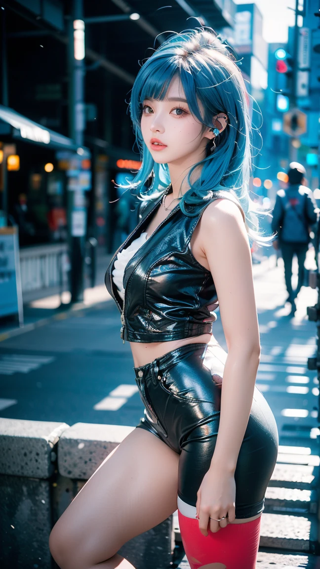 extremely detailed CG,UHD wallpaper, Extreme details,(realistic:1.2),(((best quality))), ((ultra-detailed)), (cute detailed face:1.2), {{highly detailed face}},beautiful and aesthetic,1girl,(masterpiece:1.4),glowing skin,strong rim light,dramatic shadows, intense shadows, SIGMA 35mm F1.4, ISO 200 Shutter Speed 2000,Photorealism,{photorealistic}, photogenic,Illustration, Girl, detailed manga illustration, finely detailed,HIGH RES,Stunning art,{{intricate detail}},(((beautiful detailed lighting))),beautiful detailed colorful eyes, dynamic fuzziness, intricate light, detailed clothes, rouge,full-length photograph,cyberpunk,Cyborg,sci-fi,city,cyberpunk busy city street,airship,fluorescence,
hair up,hair over one eye,iridescent color hair,blue hair, beautifull eyes,raised eyebrow,school uniform,hair ornament, (full body:1.5), (sit on the road:1.2), sfw, dynamic pose