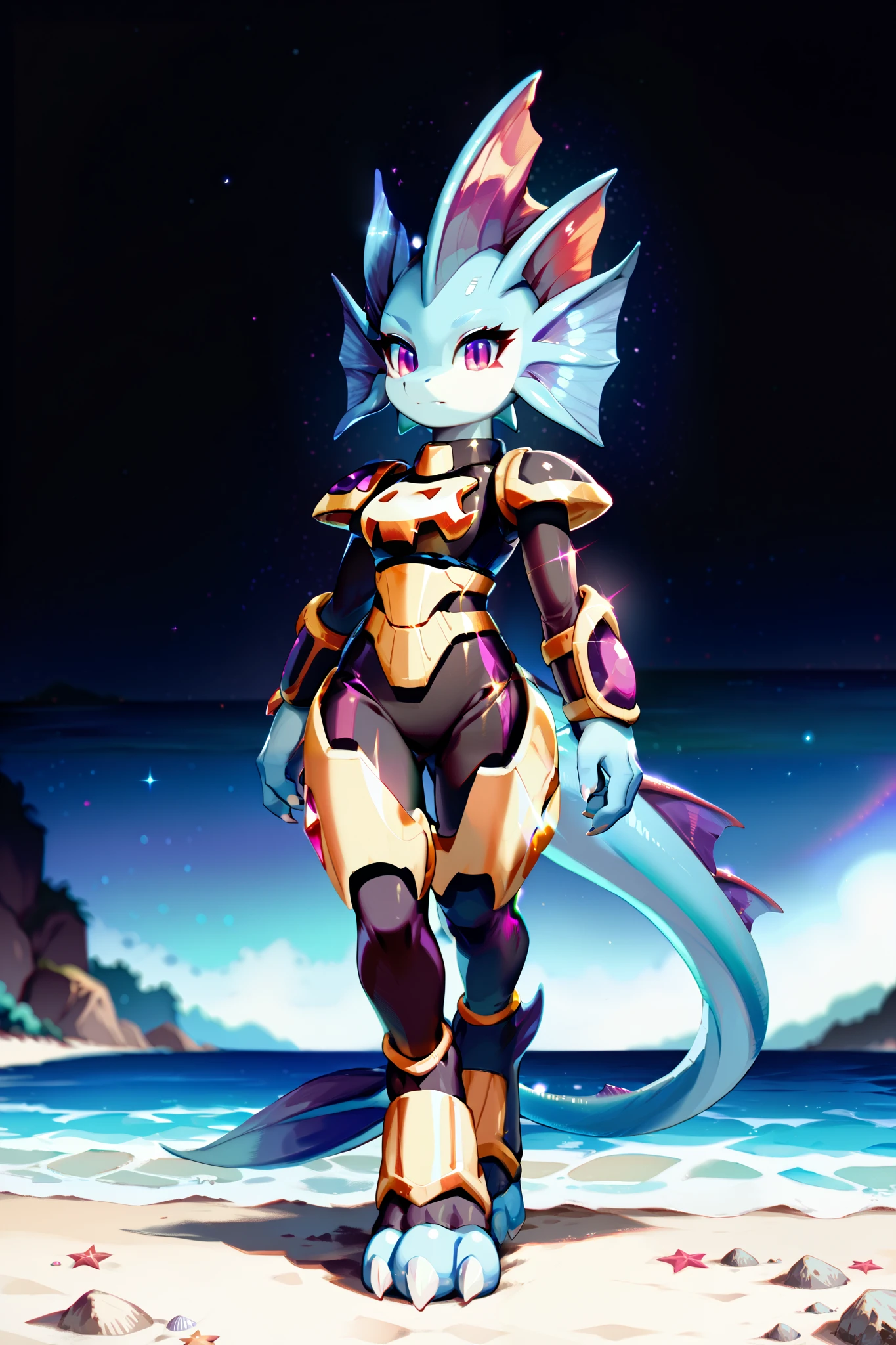 Anime, ((anime style)), ((three-quarter view)), solo drawing, solo ((walking at a beach at night)), ((night sky)), ((star filled sky)), ((vivid purple eyes)), ((draconic ear fins)), ((head fin)), ((tall figure)), ((blank expression)), ((digitigrade legs)), ((digitigrade feet with four toes)), ((highly detailed anime style)), clean lines, claws, Merga from freedom planet 2, female, light armor, blue skin, black armor with gold trim, white claws, short muzzle, leg armor, ankle armor,  black leggings under armor, hands at sides