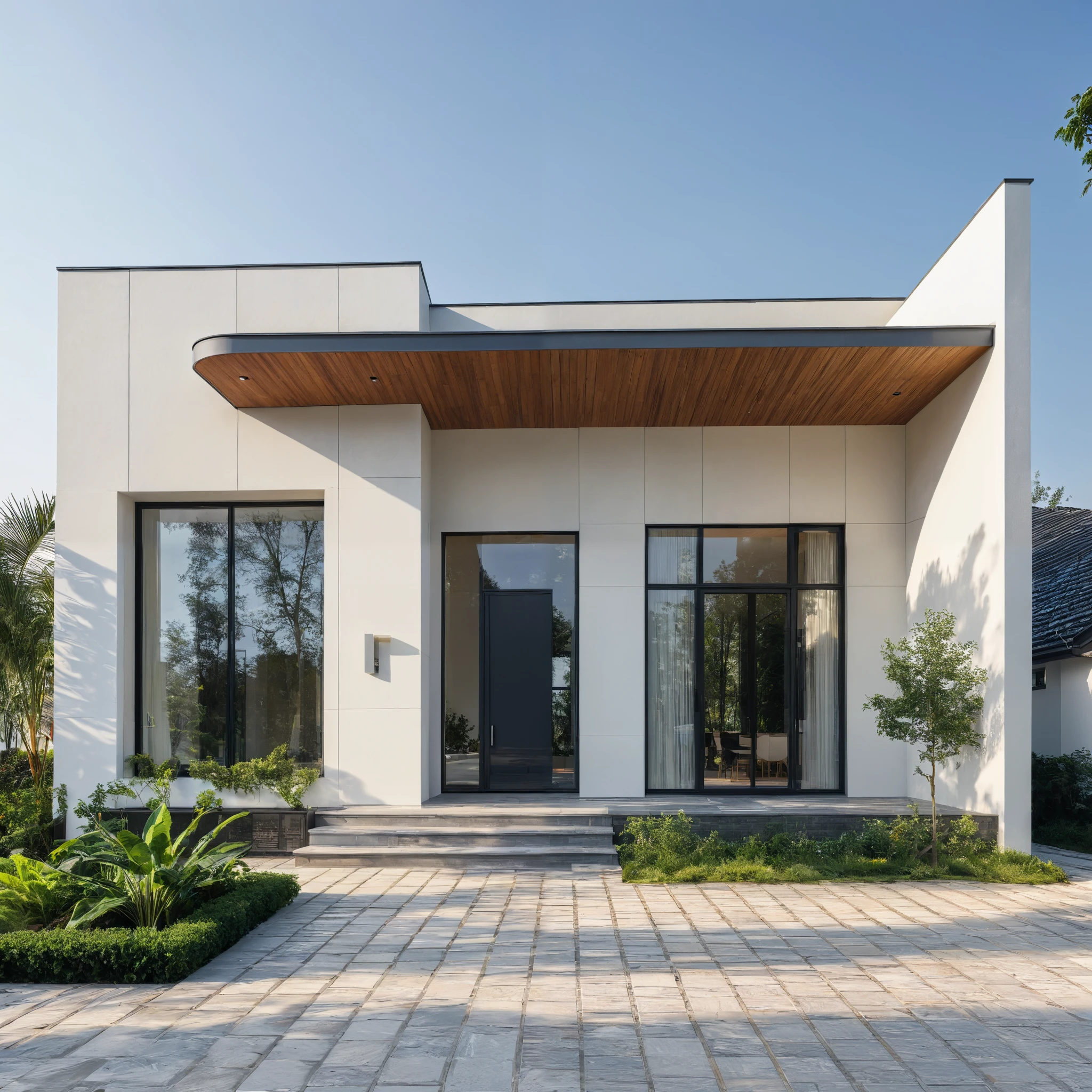 1 morden WHITE house,1large yard, 1 road runs in front of the house, (RAW photo, real, best quality, masterpiece:1.2), look morden minimalist, 1 road in front of the house, the exterior of an elegant single family home features large windows, ((a dark gray door frame)), dynamic lighting:1.3, (hyper realistic, photo-realistic:1.2), high quality, (dark lighting:1.2), perfect lighting, archdaily, no human, light at 12 noon, warm light in door:1.4, blue sky:1.3, shimering lighting:1.2,