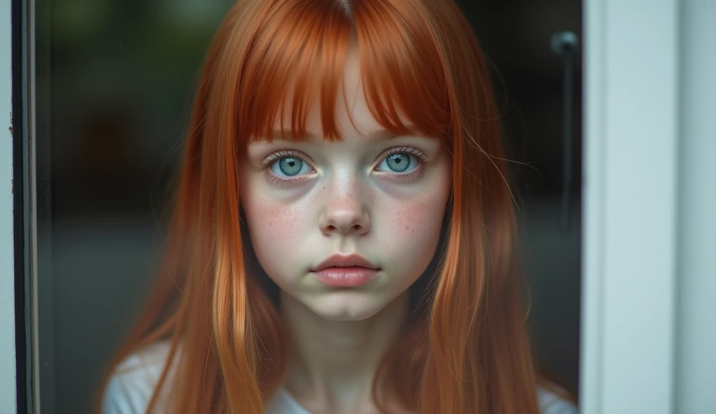 Make a redheaded child in a dress, sitting leaning against something, facing forward, dead in oil painting format and make it less realistic