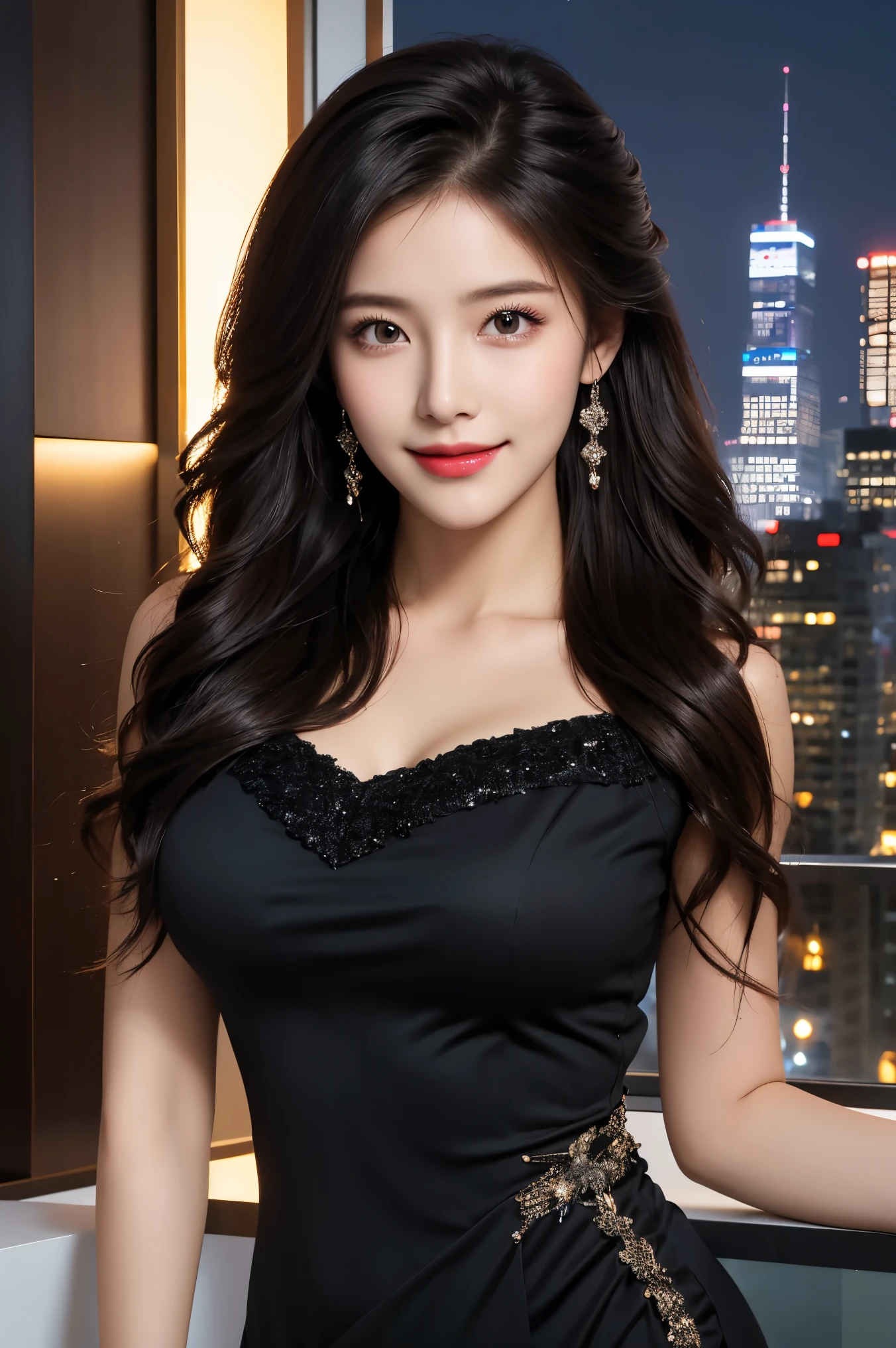 UHD, accurate, ((masterpiece)), ((high details)), high quality, textured skin, high detailed face, A lady in a black dress, sexy and glamorous at work, streaked hair, twin drills, hair scrunchie, smile, Party, Night Lounge, Night view, crescent moon