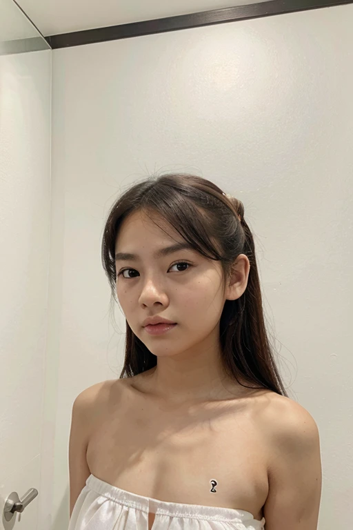 Japanese skinny , very long black hairs, a white band on head, very , frontal nude, ashamed