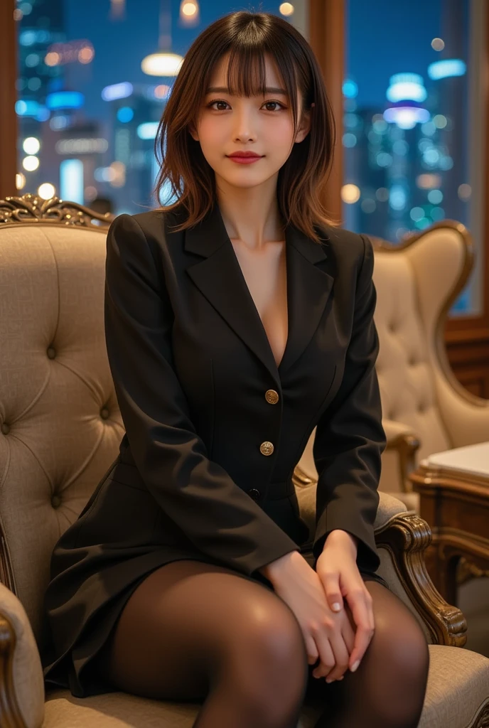 night景、night、Office、Very short hair、Brown Hair、Plaid suit、mini skirt、Cleavage（Very large breasts、Very thin and long legs、Perfect figure、High heels、whole body、smile）、1 female、Double eyelids、No makeup、23 years old、（masterpiece、8K,RAW Photos、High resolution:1.4）
