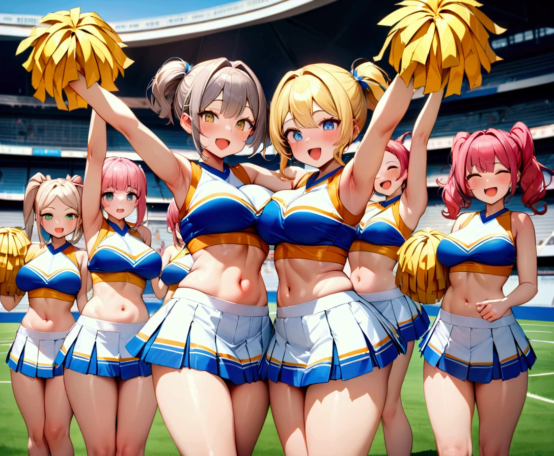 ((multiple girls:1.3)), ((moe style:1.3)), ((cheerleader:1.3)), ((formation:1.3)),  ((large breasts:1.3)), ((centerfold:1.3)), ((extremely feminine:1.3)), perfect hands, ((perfect face)), ((extremely cute:1.3)), ((masterpiece)), ((8k)), ((best quality)), ((beautiful)), ((extremely detailed:1.3)) , ((absurdres)), AddXL, ((score_9:1.3)), ((score_8_up:1.3)), ((score_7_up:1.3)),