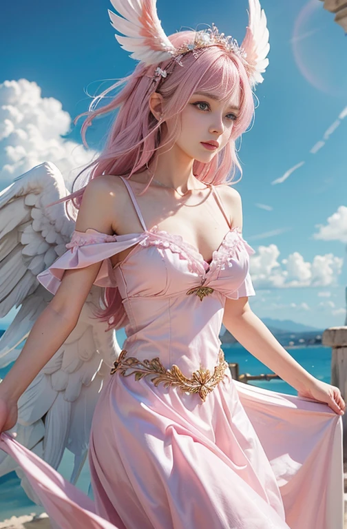 Ancient Greek clothing、Shoulder out、thin, Light pink hair, Pink Eyes, Pink and white, Vibrant colors, Paint splashes, Wavy long hair,Angel, Many feathers fluttering、2. Large wing of latissimus dorsi、Above the Clouds ,Highest quality, masterpiece, Ultra-high resolution, (Realistic:1.4), RAW Photos, One Girl, Off the shoulder, Modest chest,