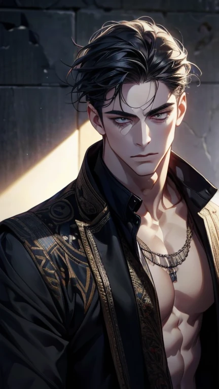 man, vampire, masculine, masculine face, attractive, muscular, ((1man)), masterpiece, absurdres, best quality ,intricate details , (shiny skin, shiny body, shiny oily luster skin, shiny hair, pale skintone), old castle, Sundown, attractive, ((muscular)), adult, one, tattoo in his chest ,black blouse, earrings, black pants, Don't look at the view , Not looking at the view, red short hair, perfect detailed face, perfect detailed hands, vampire fangs, blue eyes, ((MLS)), medium large shoot, perfect hands