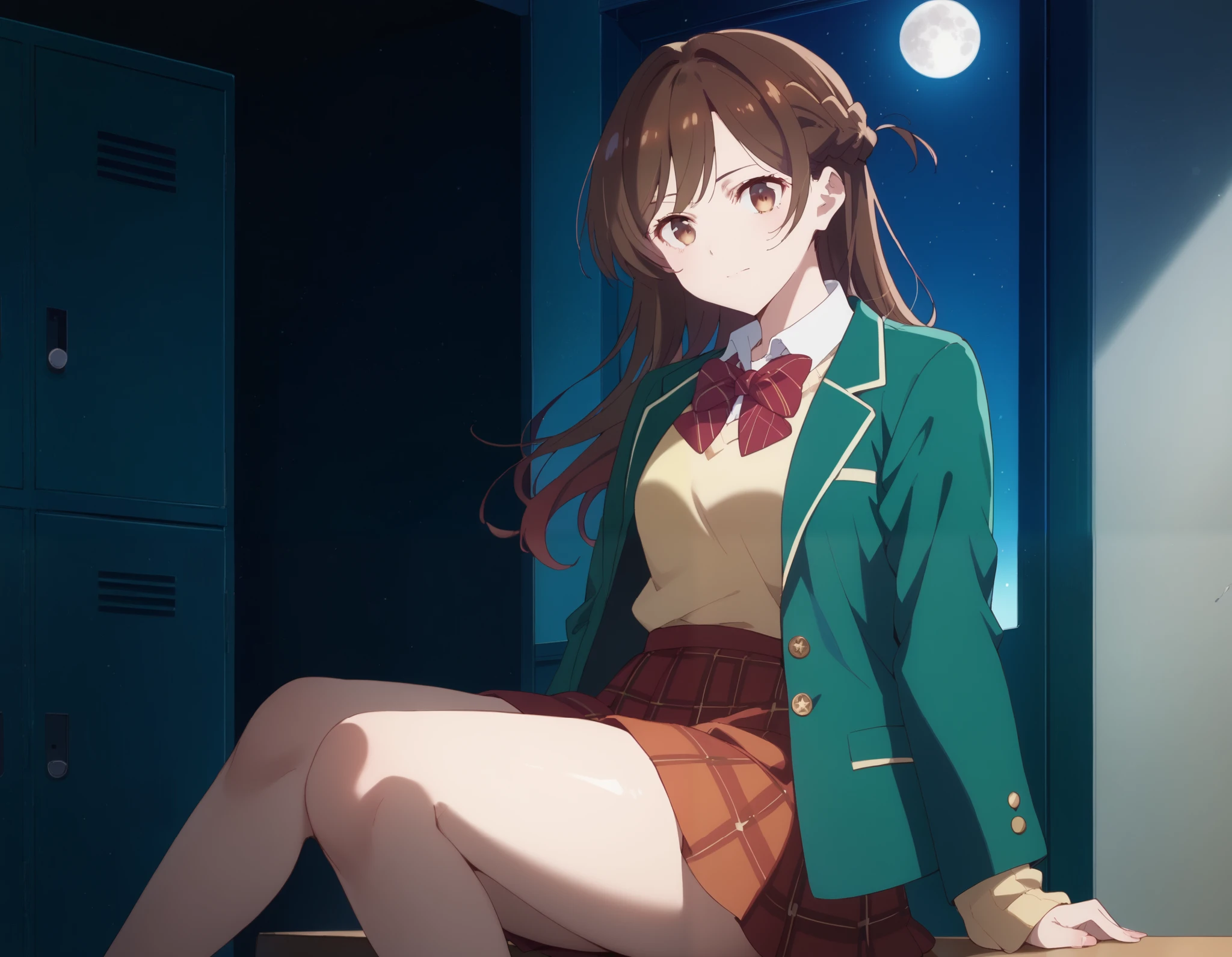 and stare at the viewer, Alone, Chizuru Ichinose, 1 girl, brown hair, long hair, French Braid , brown eyes, School, green jacket, yellow sweater , bow tie, plaid skirt that breaks small breasts, red skirt, Black Sox, In a completely dark room, locker, window_,Midnight circa 12:00 , Moon and Stars, close-up shot、Thick, puny thighs、 holding your knee