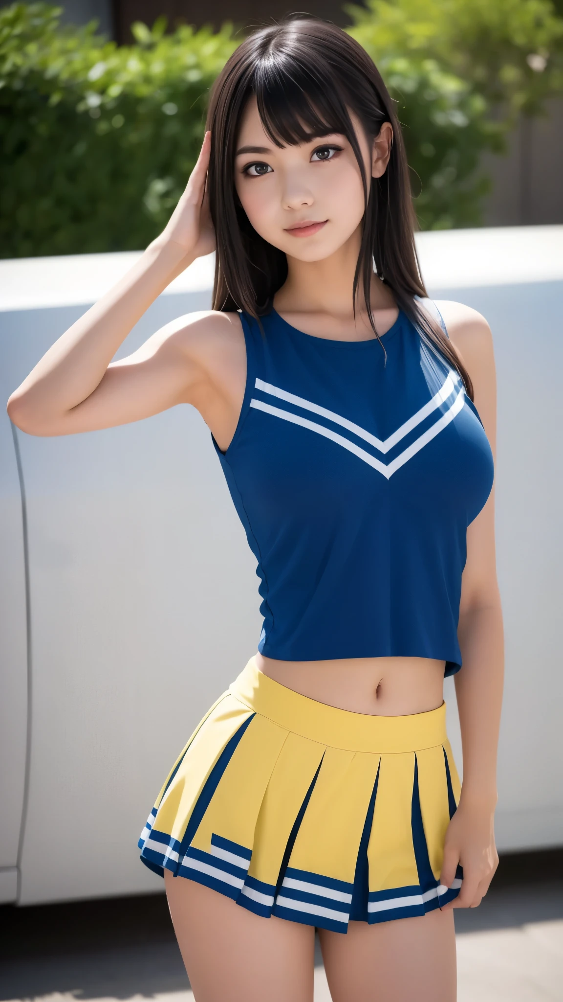 ((I salute you with one hand:1.2)), ( sleeveless shirt,  cheerleader:1.4), bangs, smile, (Athletic background :1.4), bangs, smile, ((Young and cute Japanese faces, )),  Official Art,  high image quality CG Unity 8k wallpaper, Ultra  high image quality,  very detailed, Half photo,  high image quality,  film grain,  lens flare glow, 8k,  as a portrait , viewer, (( Masterpiece)), (( TOP QUALITY)), ( very detailed), (( cute)), (( sexy)), ( Detailing Wear Features), ( beautiful),  illustration ,  beautiful Japanese woman, ((1 female)), (Beautiful breasts, Bursting breasts:1.4), (( Tight Waist, Curved waist)), ( detailed hands:1.3,  perfect right hand:1.3)