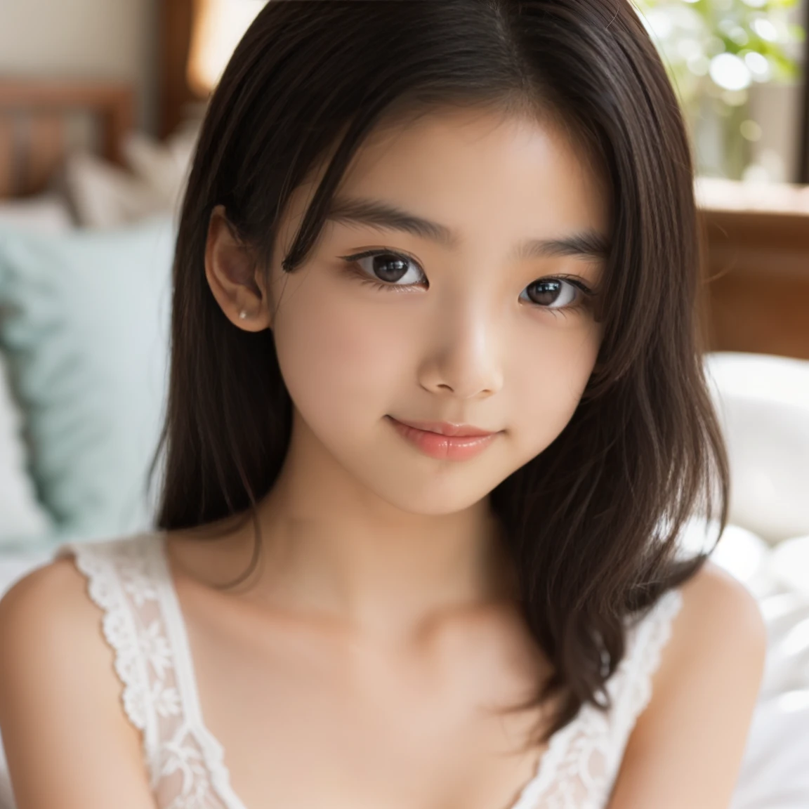 ((Highest quality)), ((Photo quality)), (detailed), Perfect Face，,Upper Body，Thin arms,White skin,bed,Thin camisole