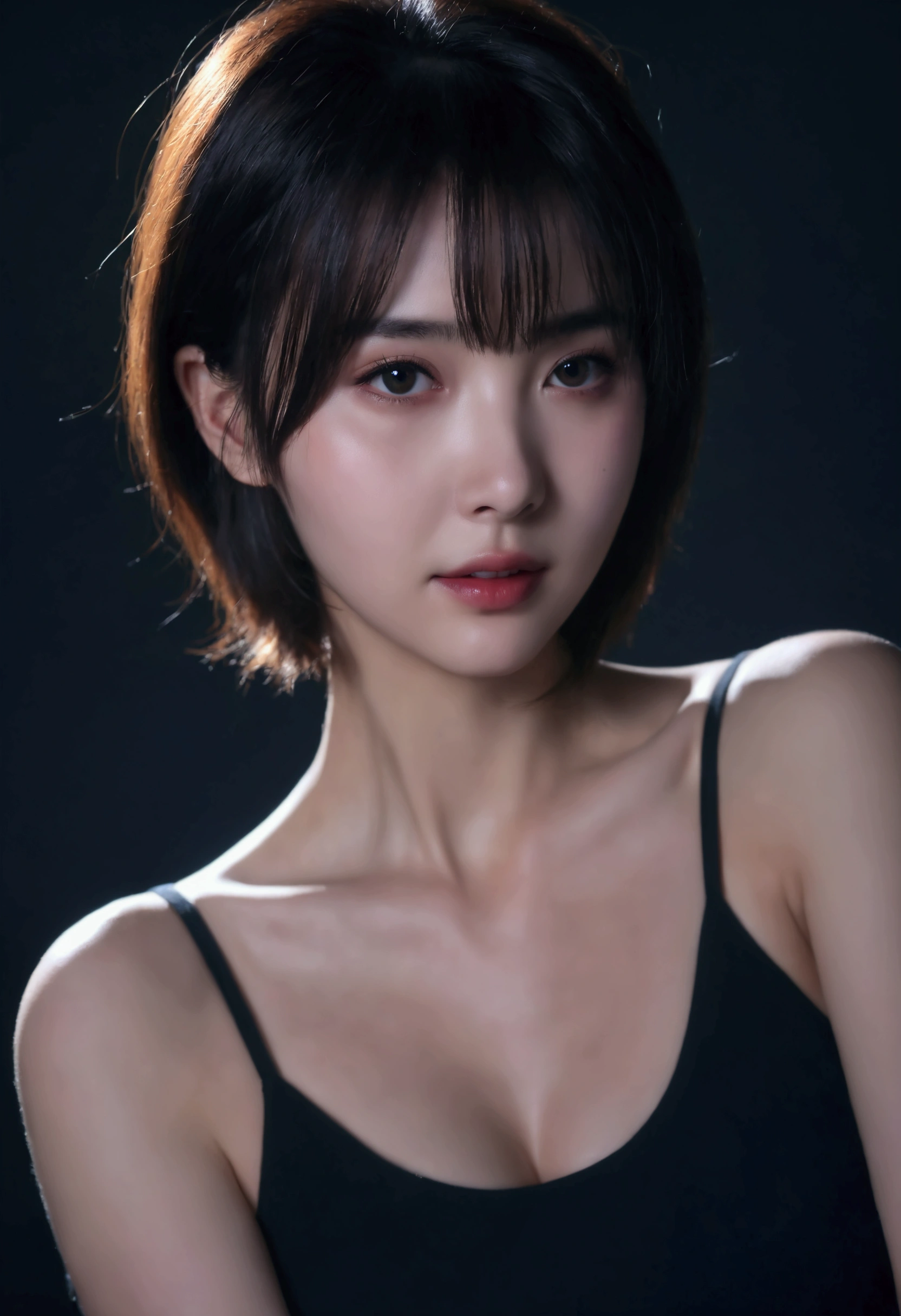 (masutepiece:1.3), (8K, Photorealistic, Raw photo, Best Quality: 1.4), (1 30 year old mature woman、), Pretty Face, (Realistic face), (Black hair, Short hair:1.3), Beautiful hairstyle, Realistic eyes, Detailed fine eyes, (Realistic skin), Beautiful skin, (Breasttop), Absurd, Attractive, Ultra-detailed resolution, Surreal golden ratio, Very detailed, Upper body