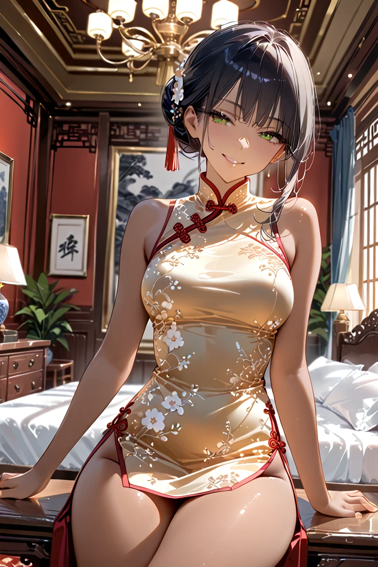 Woman covering sheets on bed、barechested、Stripped cheongsam、Being in a seat、syncope、Smeared on milk