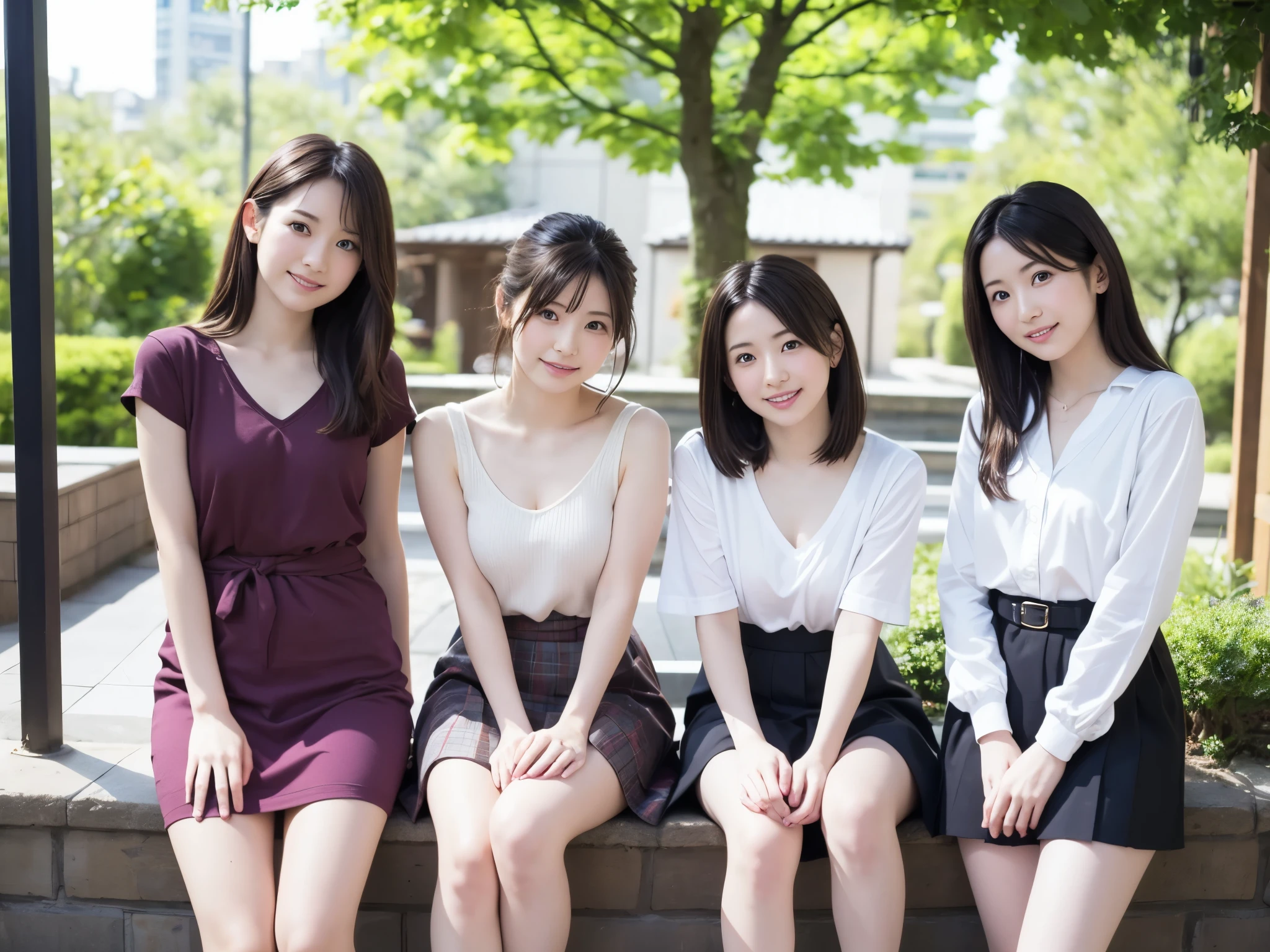 （8k、超High resolution、masterpiece、Anatomically correct、Textured skin、High resolution、Highest quality、High resolution、Professional Lighting、）Four happy girls were sitting on the stone steps, Take a full body photo、Laughing happily、彼女はyukataを着ていた, ビーチSandals,yukata、Sandals, Black Hair, detached houses, Flowers,Happy girl with round face, Big eyes, Long eyelashes, Full-body display、Small pubic area、pants、Detailed panties、Spread your legs、From directly below、pantsが見えてるよ、Open your feet wide、