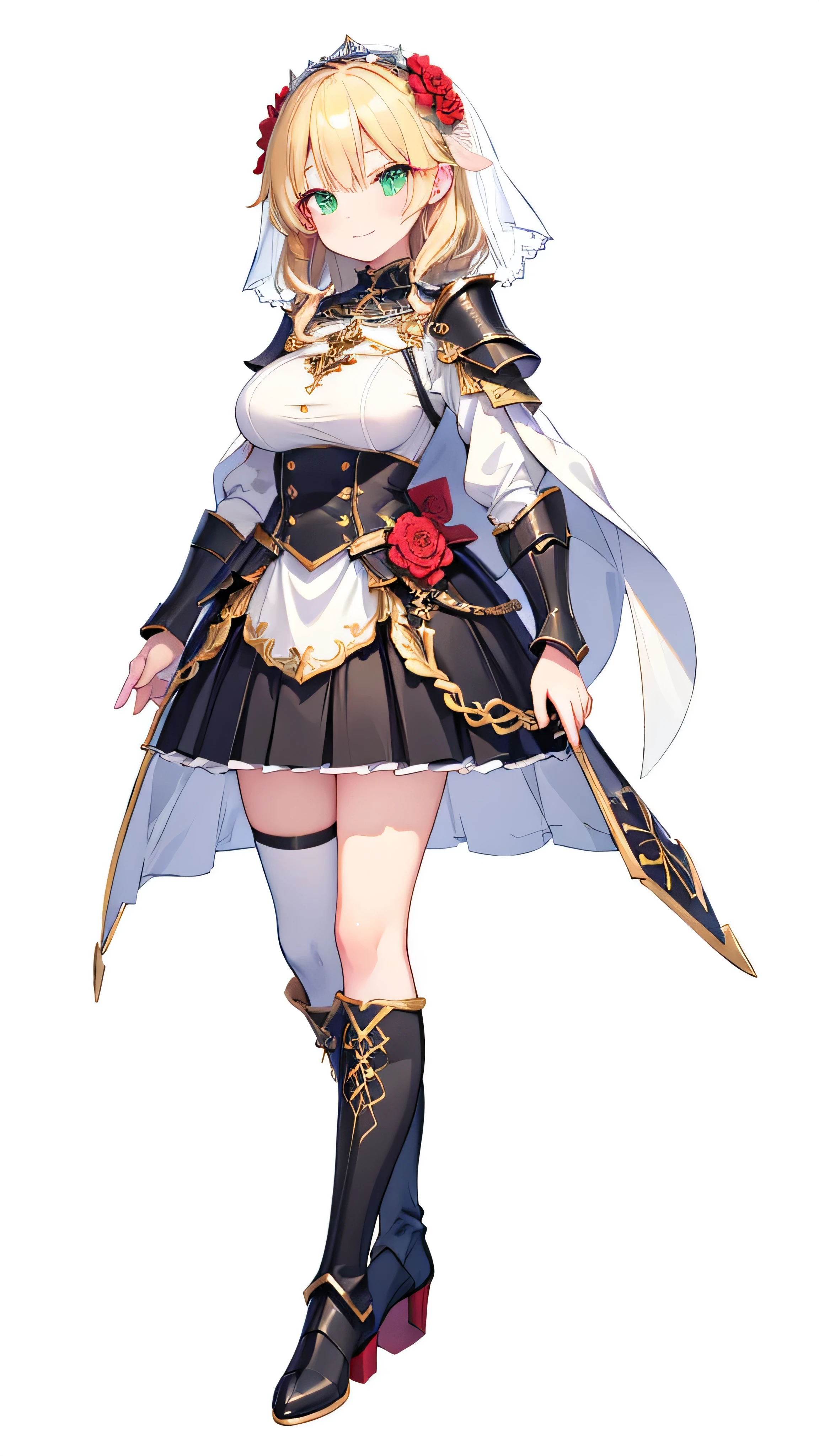 Masterpiece, top quality,(((( Solid White Background , no background)))), ((1 human woman, tall ,full body,)),(huge breast:1.1),(( wavy blonde, slightly longer,)),(( detailed green eyes,Thin, straight droopy eyes ,)), (( wearing a white veil with red flowers,)), pale skin ,(( black thigh-high boots, Black Valkyrie Armor ,Black Armored Skirt ,)), I don't hold anything in my hands , bright smile,Diagonal side view, standing straight