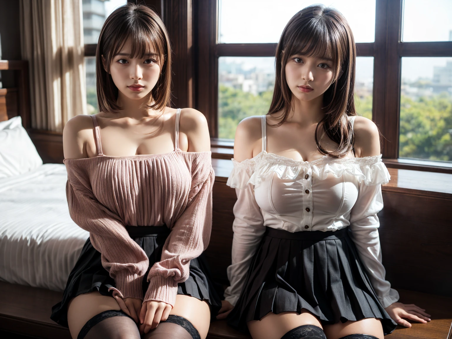8k, best quality, real picture, intricate details, ultra-detailed, ultra highres, depth field,(photorealistic,realistic:1.2),masterpiece,4k,high-res, best quality, 1girl, (extremely beautiful face),Japanese, finely detailed skin, (cinematic lighting), collarbone, soft lighting, dynamic pose, [:(detailed face:1.2):], slender, pointy breasts,backlighting, lipstick, medium hair,full body, skirt,sweater, spread legs, show panties, panties with a lot of frill