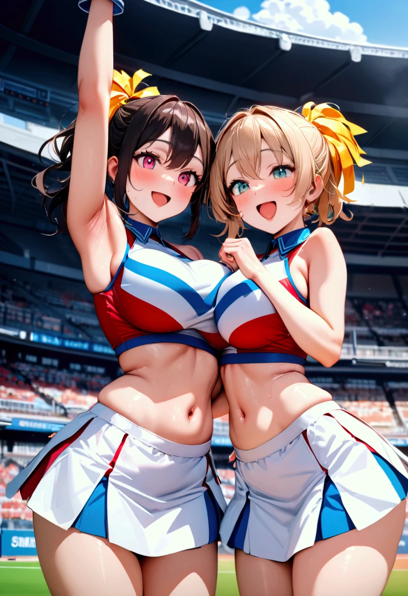 Two Alafed Asian cheerleaders posing dynamically with large pom-poms in each hand in the stadium、a closeup、cosplay foto、Anime Cosplay、tiny chest、Raw photography, top-quality, hight resolution, (​masterpiece), (Photorealsitic:1.4), professional photograpy, foco nítido, nffsw, 8K分辨率, intricate detailes, depth of fields, the Extremely Detailed CG Unity 8K Wallpapers, front lit, girl with, beautiful supermodel, A smile、A slender、Korean style uniform、Peeking from below、(skinny thigh)、I see underwear、Wearing a sun visor on the head、