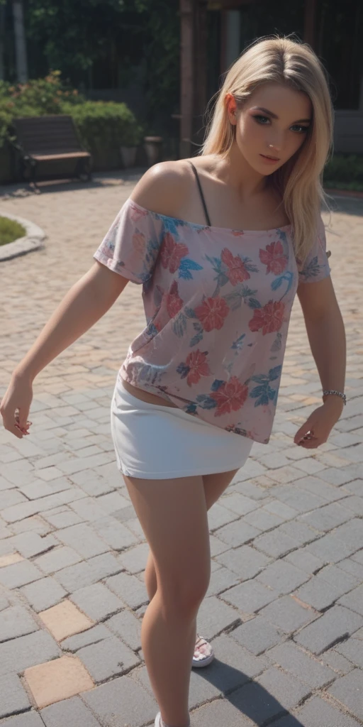 Highly detailed CG Unity 8K wallpaper, highest quality, super detailed, masterpiece, realistic, photo realistic, Highly detailed cute girl, 20-year-old, (skirt lift), ((skirt lift by myself)), white panties , panties focus, blush, parted lips, looking at the viewer  , half body shot , wearing an off-shoulder shirt  , (crowd), (crowded park) , short hair
