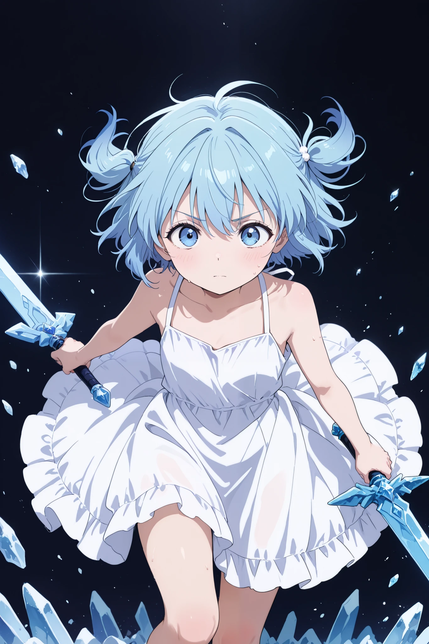 young girl, blue hair, white dress , ice sword