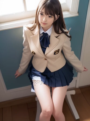 (8K、RAW Photos、Highest quality、masterpiece:1.2)、(Realistic、Photorealistic)、1 Girl、((Check mini skirt、Loafer Uniform、blazer、Small breasts、classroom、I sat on a chair、Viewed from the front、Spread your legs、White silk panties))、Lots of eyelashes、Add shine to your eyelids、skeletally correct、Show off your panties、Open your legs to the side、Panty Shot、sexy、(Panties close up:1.0)、Skirt Lift、Lift up the skirt、I can see her pant(M-shaped legs))、Black gal