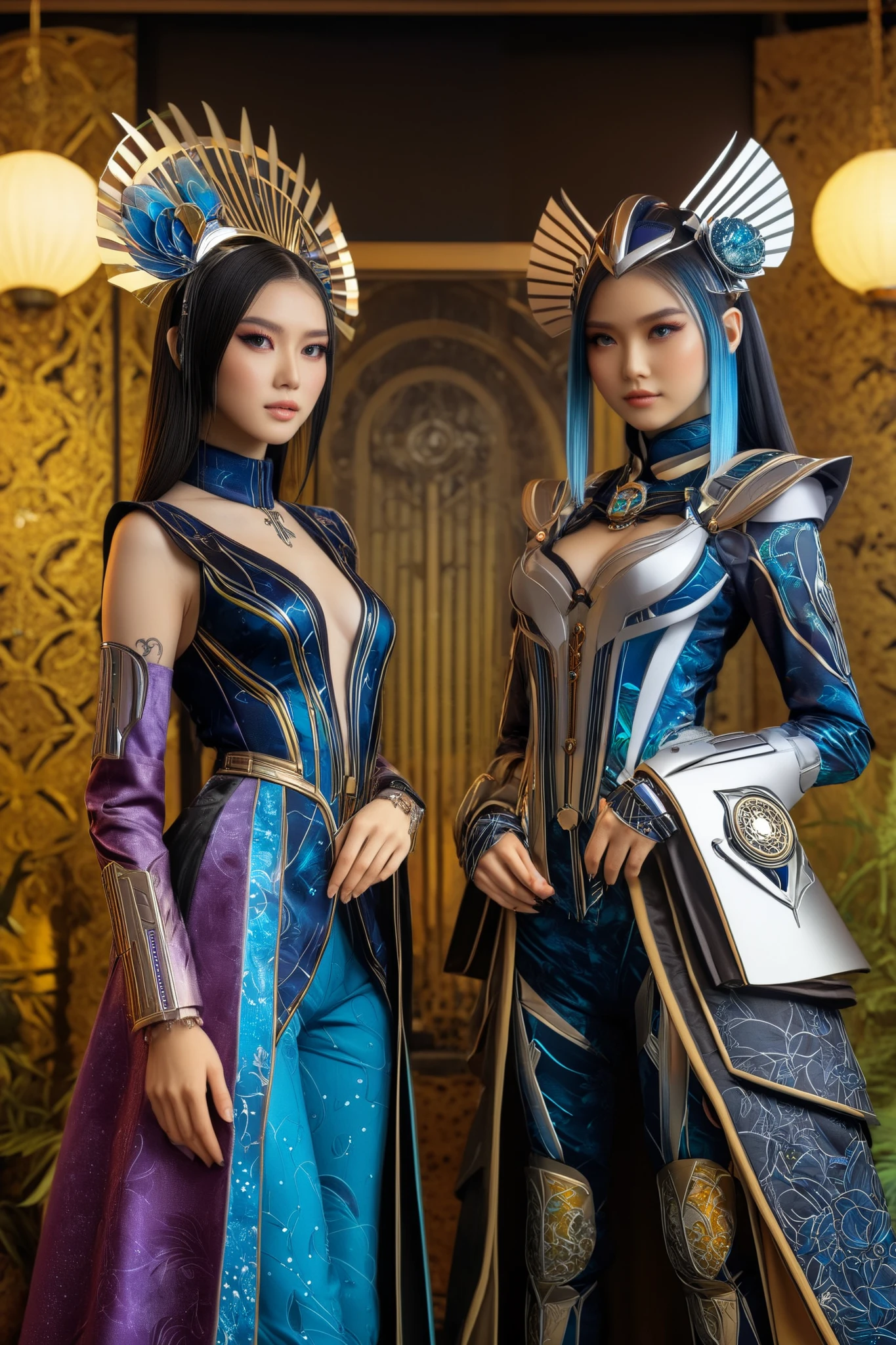 Stunning hyperrealistic Japanese girl , by Ash Thorpe and Martha Nael , anime, manga, character, only the upper body , in sophisticated fantasy clothing , inspired by Indonesian culture , futuristic and modern , bright colors , soft focus , warm lighting , Sony a7R IV, ƒ.8, 50 mm, 8 k, high quality printing, Delicate features, complicated details, dynamic pose, combination of traditional and futuristic elements, luxury accessories , exotic patterns , Batik style design , traditional Indonesian headdress , sophisticated jewelry . in full height are standing next to each other