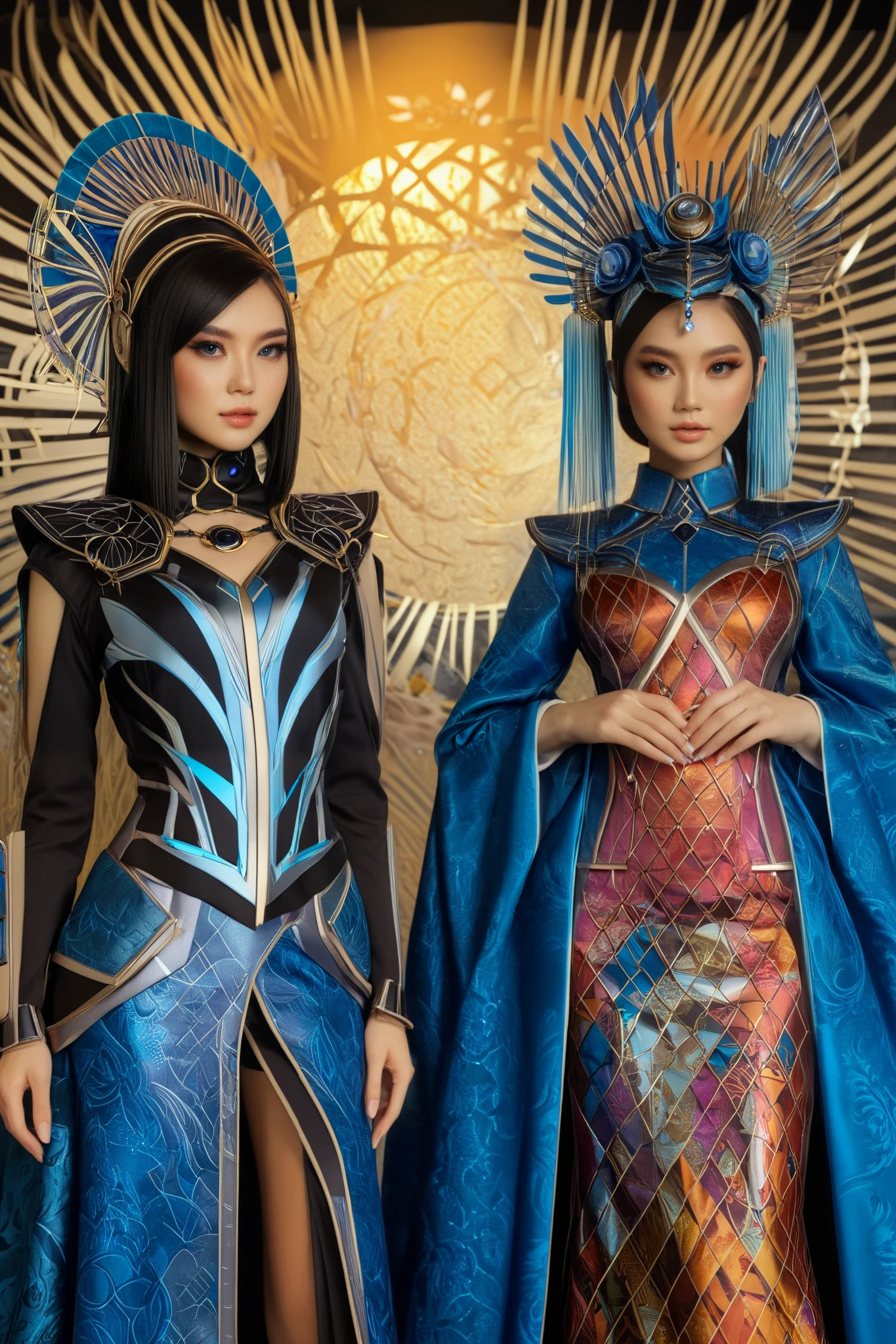 Stunning hyperrealistic Japanese girl , by Ash Thorpe and Martha Nael , anime, manga, character, only the upper body , in sophisticated fantasy clothing , inspired by Indonesian culture , futuristic and modern , bright colors , soft focus , warm lighting , Sony a7R IV, ƒ.8, 50 mm, 8 k, high quality printing, Delicate features, complicated details, dynamic pose, combination of traditional and futuristic elements, luxury accessories , exotic patterns , Batik style design , traditional Indonesian headdress , sophisticated jewelry . in full height are standing next to each other