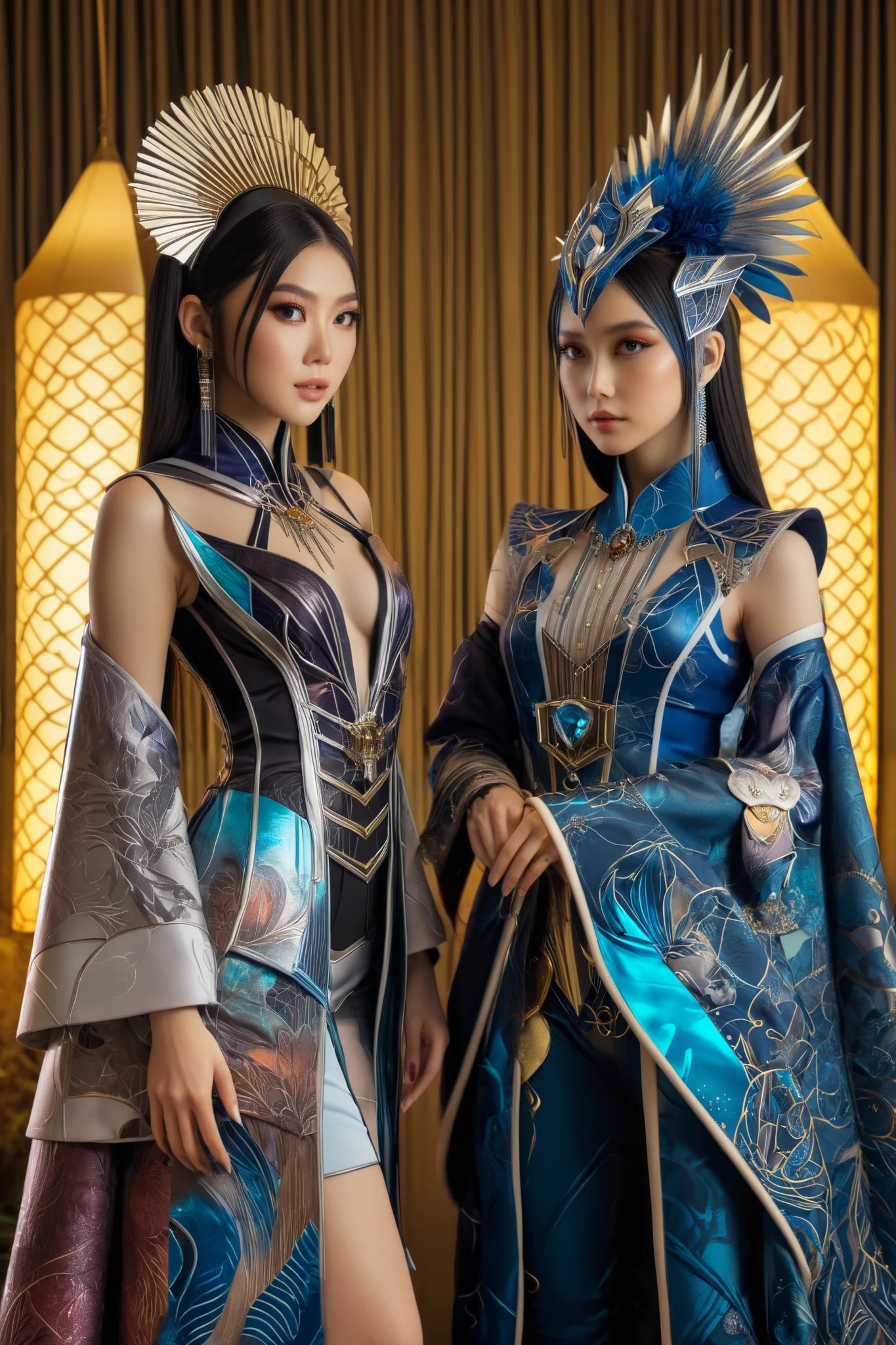 Stunning hyperrealistic Japanese girl , by Ash Thorpe and Martha Nael , anime, manga, character, only the upper body , in sophisticated fantasy clothing , inspired by Indonesian culture , futuristic and modern , bright colors , soft focus , warm lighting , Sony a7R IV, ƒ.8, 50 mm, 8 k, high quality printing, Delicate features, complicated details, dynamic pose, combination of traditional and futuristic elements, luxury accessories , exotic patterns , Batik style design , traditional Indonesian headdress , sophisticated jewelry . in full height are standing next to each other