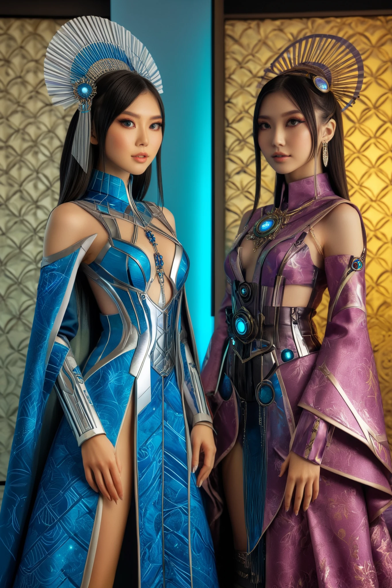 Stunning hyperrealistic Japanese girl , by Ash Thorpe and Martha Nael , anime, manga, character, only the upper body , in sophisticated fantasy clothing , inspired by Indonesian culture , futuristic and modern , bright colors , soft focus , warm lighting , Sony a7R IV, ƒ.8, 50 mm, 8 k, high quality printing, Delicate features, complicated details, dynamic pose, combination of traditional and futuristic elements, luxury accessories , exotic patterns , Batik style design , traditional Indonesian headdress , sophisticated jewelry . in full height are standing next to each other