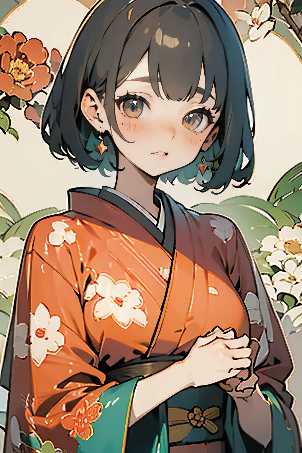 (Highest quality detailed illustrations:1.2), ( cute girl:1.0), ( 1 girl, Alone:1.0), ( black short hair:1.0), ( red kimono, Camellia pattern:1.0), (smile:0.6), ( upper body:1.0), ( super detailed, high resolution:1.0),