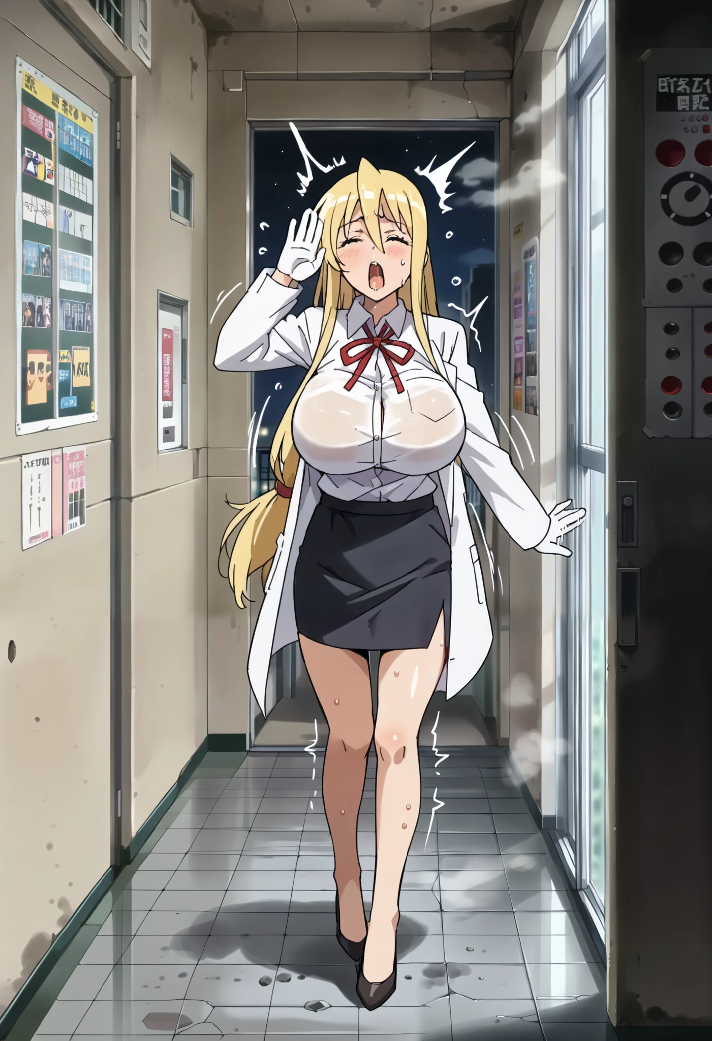 score_9, score_8_up, score_7_up, source_anime, outdoors, Shizuka Marikawa,, illustration, (1girl, 1faceless bald fat student:1.35), shizuka_marikawa, blonde hair, yellow eyes, long hair, low-tied long hair, hair between eyes, sidelocks, long sleeve, white shirt, collared shirt, red ribbon, neck ribbon, black skirt, short skirt, pencil skirt, heels, vinyl gloves, lab coat, (indoors, school, interior of school hallway, interior of school corridor, ceramic floor, concrete walls, doors on one side, windows), ((dark atmosphere:1.4, dark interior:1.4, dark indoors:1.4, dark room:1.4, moon night)), (ultra huge breasts:1.3, ultra huge tits:1.3, ultra huge boobs:1.3, ultra huge cleavages:1.3), (nsfw:1.3, sweat face:1.3, steam:1.35), (motion lines:1.4, movement lines:1.4, speed lines:1.4, piston lines:1.4, action lines:1.4), yawn, open eyes, open mouth widely, saliva drooping, fear, scary, (ultra realistic run away motion:1.3, ultra detailed escape scene:1.3),