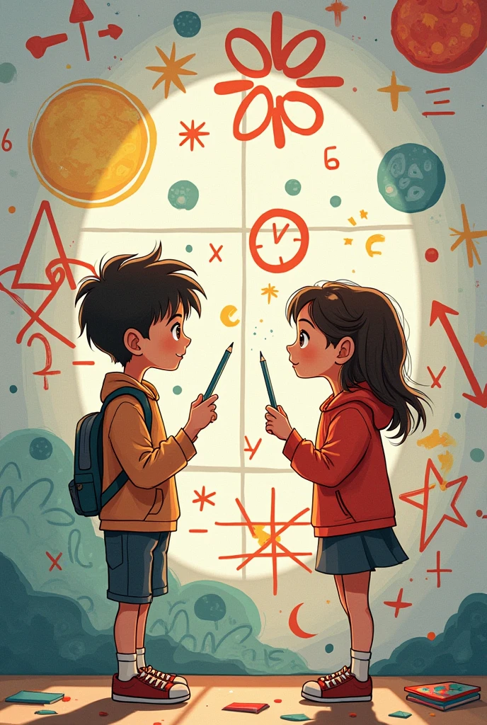 drawn in the form of a colored drawing, exactly three young people watching exactly three clocks hanging on the wall