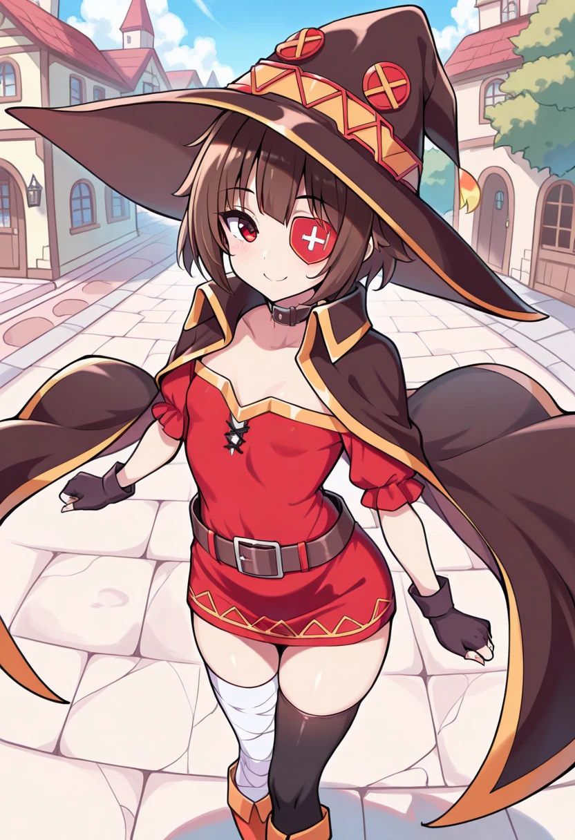 Megumin, This time, Skinny body, fully dressed, fitted dress, lifting up her short dress, showing her panties, standing, Wet panties, heart eyes, blushing, nervous face, dripping panties, Dark alley, evening, black lace panties, holding her dress with both hands, head on, nervous smile, gaze fixed on the viewer