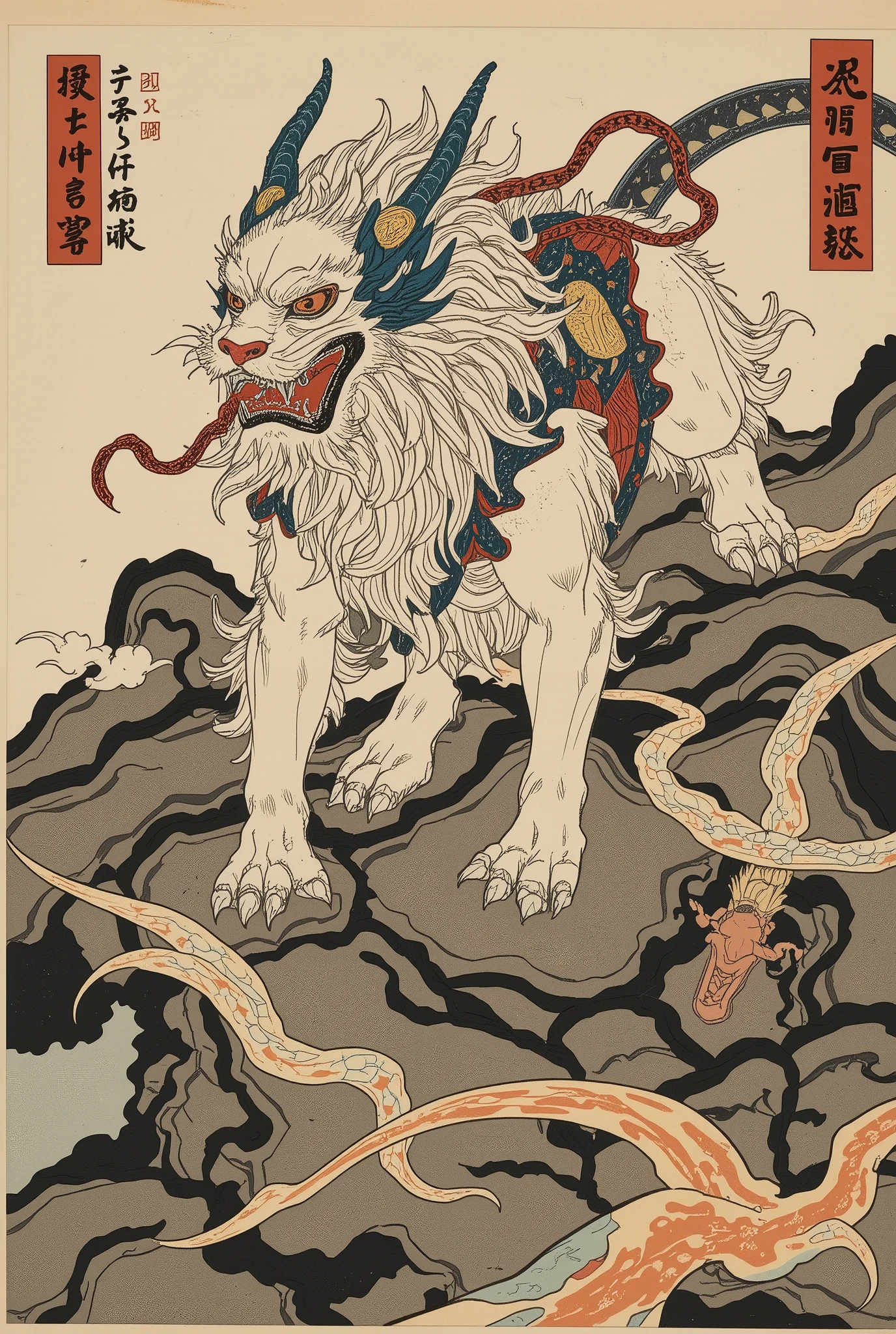 (( masterpiece)), ink painting style, top quality, ((illustration)), original, very detailed wallpaper ,((( Ukiyo-e))), ( sketch),(( Wash Paint)),(( ink scattering with BE)),((((dyeing)))),(( Ukiyo-e)),(( Katsushika Kitasai ))), ( sketch),( Wash Paint),( ink scattering with BE),dyeing,(( Ukiyo-e)), ((a mythical ferocious animal)),{{Sphinx}},{{ 恐ろShii金色の妖怪}},{{The body is a lion }},(god々Shii),(Alone),Mountain,A big, strong , He Stuck {x} An Old Japanese Monster Parade, Ukiyo-eスタイルと水墨画の要素を含む,