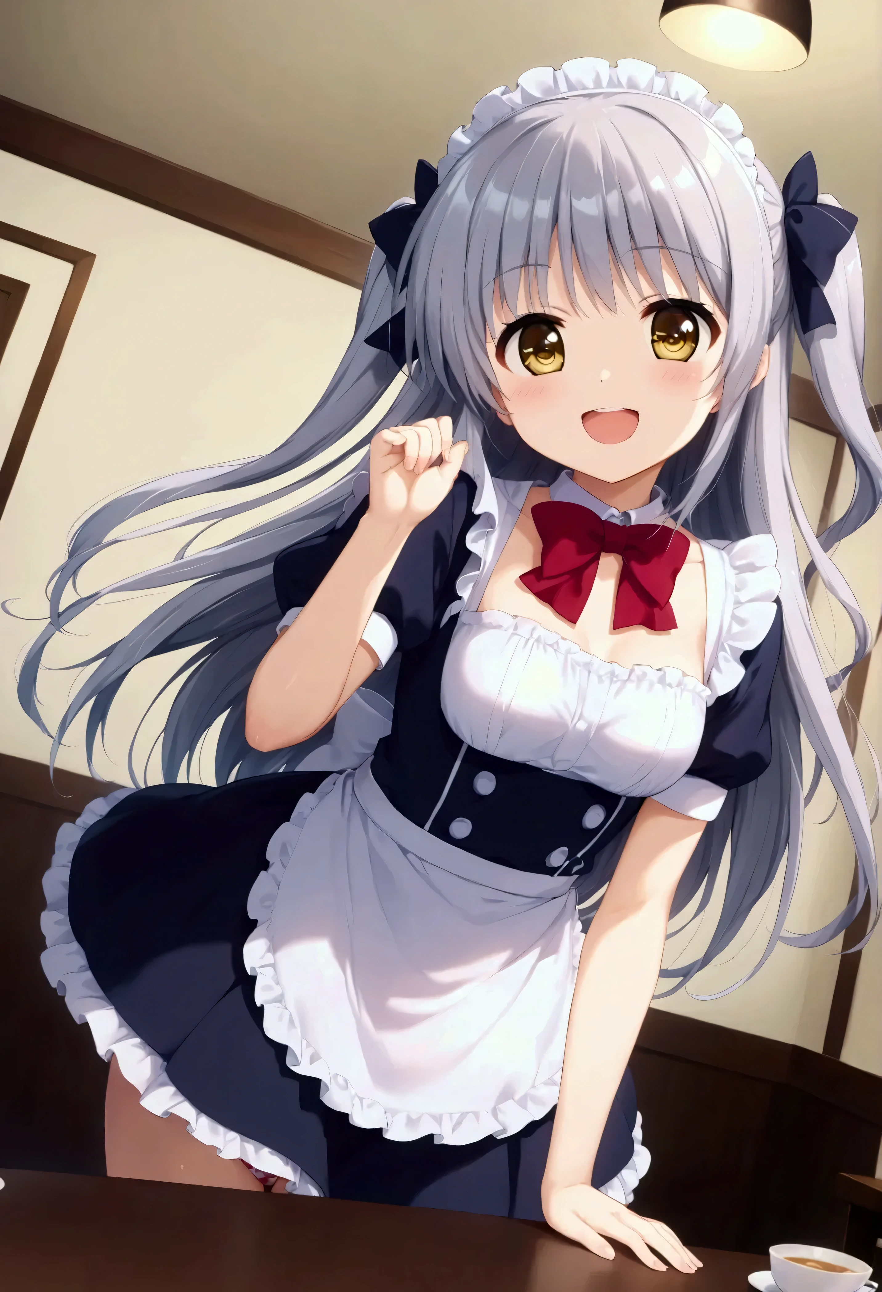 1 girl、One person、Hair、 Lantern、 yellow eyes、 black ribbon、 hair bow、 two side up、bangs、可愛いsmile、 bow tie、(( frillのかわいい色と装飾のウェイトレスの制服を着ている))、 frill、Mid-chest、 maid's headdress、( Masterpiece, ultra detail, top quality, clear focus , dramatic scene ), ( ultra high resolution, 8k), 、((Panties are visible from under the skirt:1.5))、(( angle from below:1.2))、(( from behind))、(( facing back and leaning forward:1.5))、((Strawberry Panties ))、((I'm wearing a waitress uniform with cute colors and decorations ))、 perfect anatomy for the lower abdomen, perfect face, ( detailed face, detailed eyes ), ((She is facing back and wearing her hands on the table:1.5)), (( waitress at a venerable French restaurant in a luxury hotel , antique furniture)) , Serving, (She is facing back and wearing her hands on the table), very pretty and adorable 、 (可愛いsmile:1.2)、(Upper teeth visible、Mouth open)、( frillのかわいい色と装飾のウェイトレスの制服を着ている), (gem), dynamic pose, signature dish , smile, she looks so happy , ( portrait , depth of field)