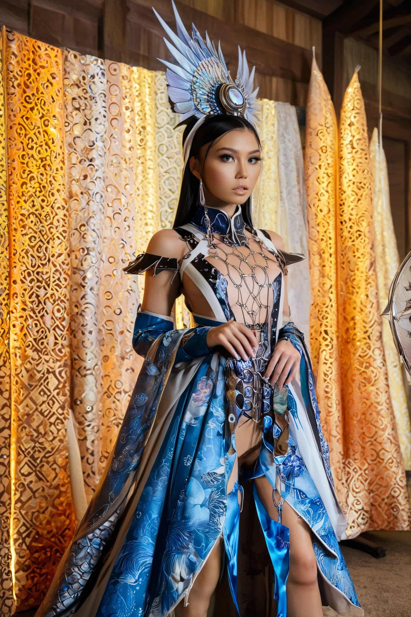  Stunning hyperrealistic Japanese girl ,  by Ash Thorpe and Martha Nael , anime, manga, character,  only the upper body ,  in sophisticated fantasy clothing ,  inspired by Indonesian culture ,  futuristic and modern ,  bright colors ,  soft focus ,  warm lighting , Sony a7R IV, ƒ.8, 50 mm, 8 k, high quality printing, Delicate features,  complicated details, dynamic pose,  combination of traditional and futuristic elements,  luxury accessories , exotic patterns ,  Batik style design ,  traditional Indonesian headdress ,  sophisticated jewelry .  in full height are standing next to each other 