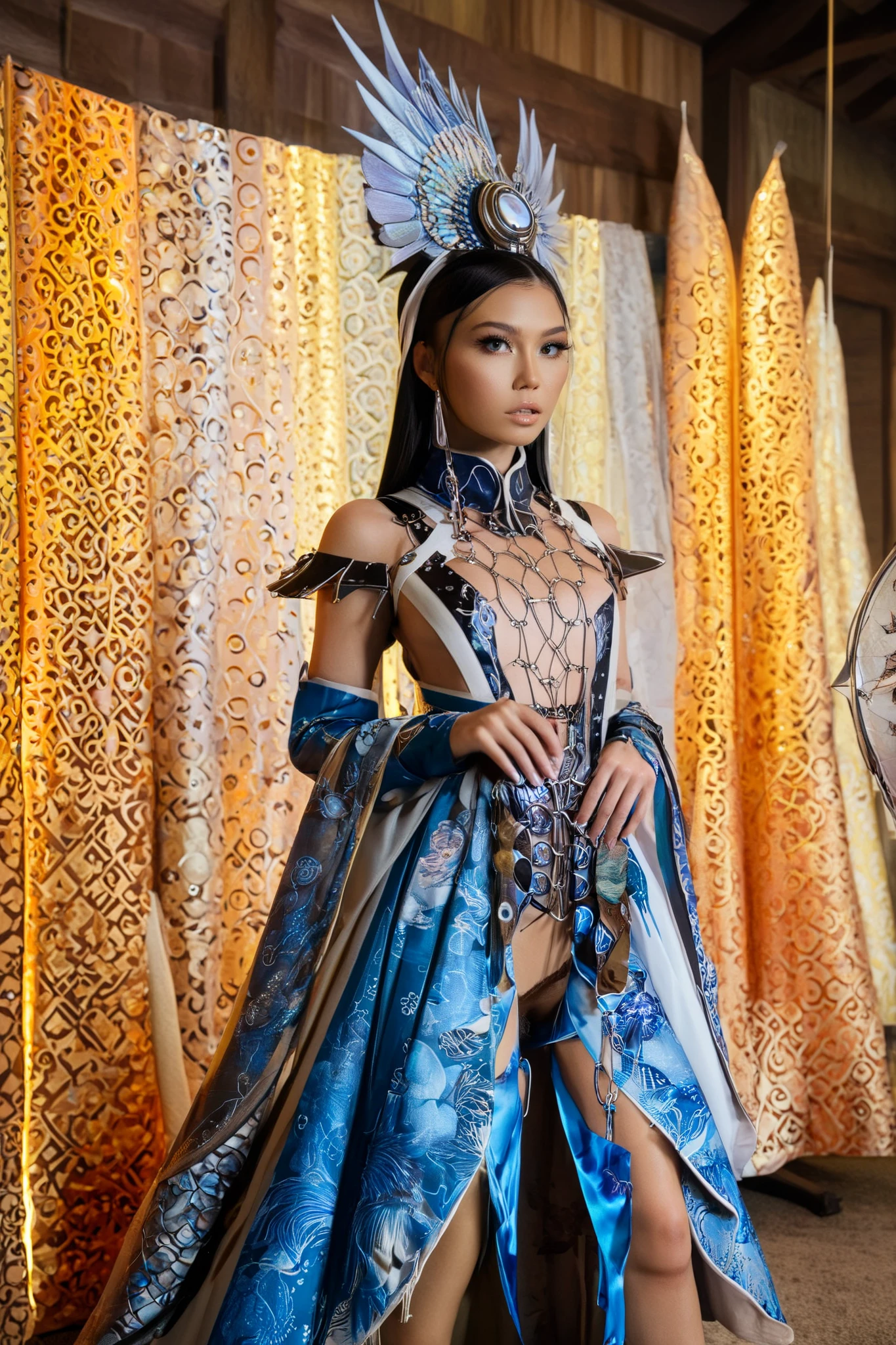 Stunning hyperrealistic Japanese girl , by Ash Thorpe and Martha Nael , anime, manga, character, only the upper body , in sophisticated fantasy clothing , inspired by Indonesian culture , futuristic and modern , bright colors , soft focus , warm lighting , Sony a7R IV, ƒ.8, 50 mm, 8 k, high quality printing, Delicate features, complicated details, dynamic pose, combination of traditional and futuristic elements, luxury accessories , exotic patterns , Batik style design , traditional Indonesian headdress , sophisticated jewelry . in full height are standing next to each other
