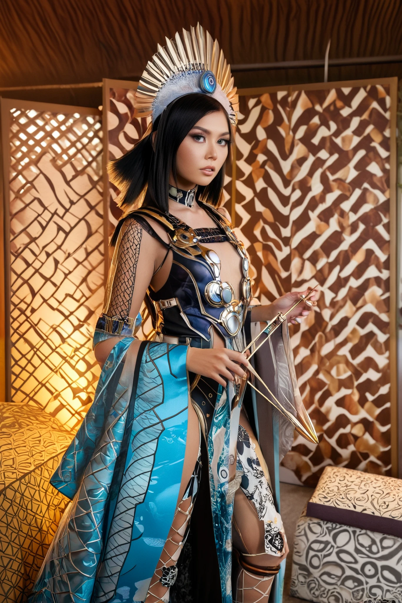 Stunning hyperrealistic Japanese girl , by Ash Thorpe and Martha Nael , anime, manga, character, only the upper body , in sophisticated fantasy clothing , inspired by Indonesian culture , futuristic and modern , bright colors , soft focus , warm lighting , Sony a7R IV, ƒ.8, 50 mm, 8 k, high quality printing, Delicate features, complicated details, dynamic pose, combination of traditional and futuristic elements, luxury accessories , exotic patterns , Batik style design , traditional Indonesian headdress , sophisticated jewelry . in full height are standing next to each other