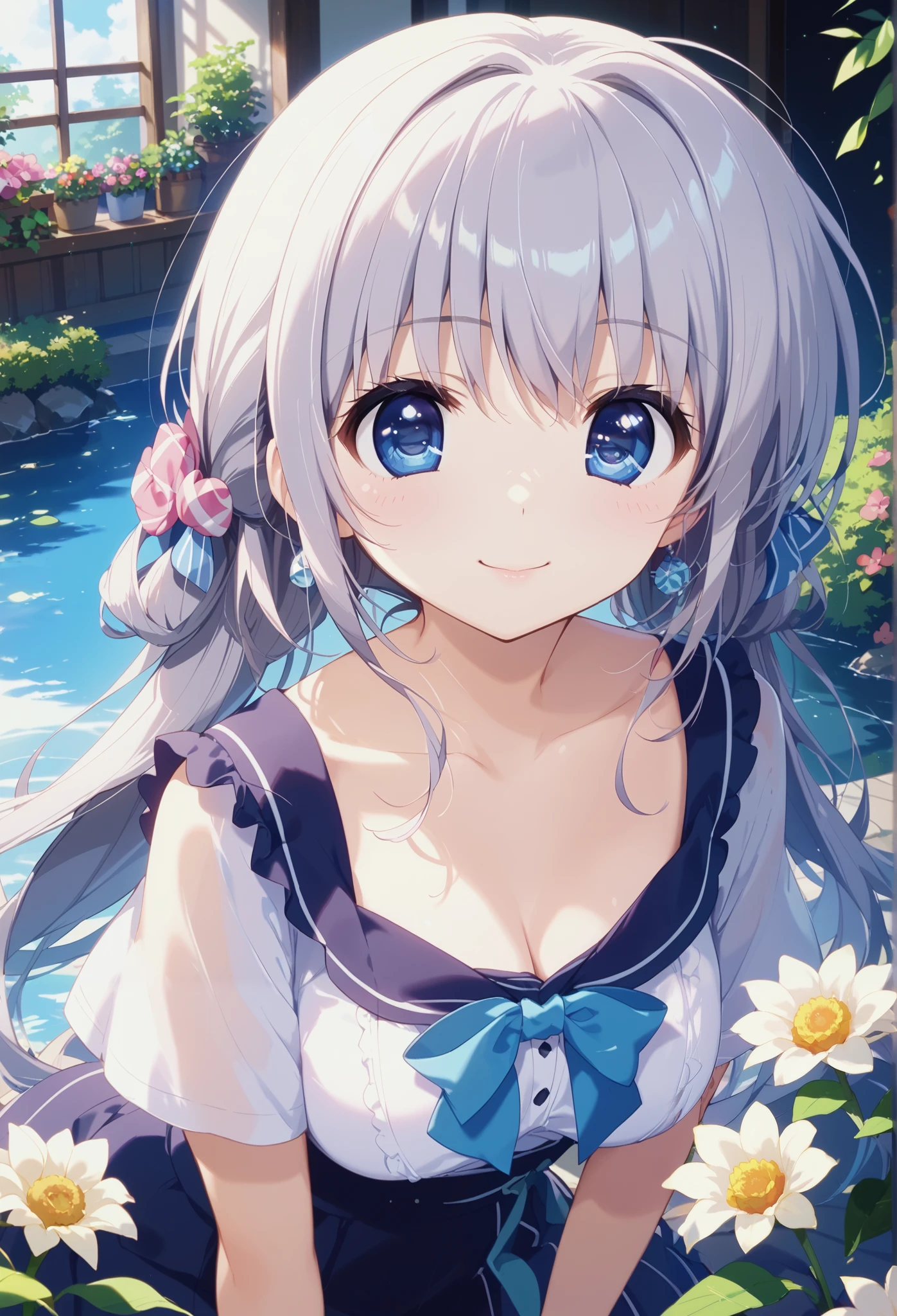 cute anime illustration、 1 girl、 jump higher、 cute anime girl in a short skirt looking out in a quiet garden 、 detailed face、 detailed eyes 、 beautiful detailed lips 、 long eyelashes、 very detailed、 Masterpiece、 super detailed、 vibrant colors、 dynamic lighting、Magical、Ethereal、 dreamy 、 soft pastel 、Whimsical、 fantasy