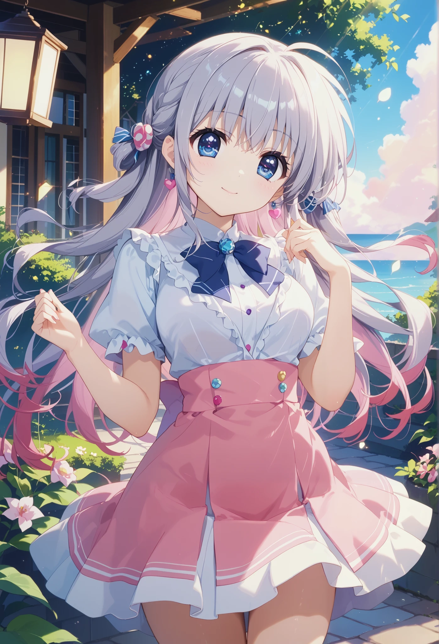 cute anime illustration、 1 girl、 jump higher、 cute anime girl in a short skirt looking out in a quiet garden 、 detailed face、 detailed eyes 、 beautiful detailed lips 、 long eyelashes、 very detailed、 Masterpiece、 super detailed、 vibrant colors、 dynamic lighting、Magical、Ethereal、 dreamy 、 soft pastel 、Whimsical、 fantasy