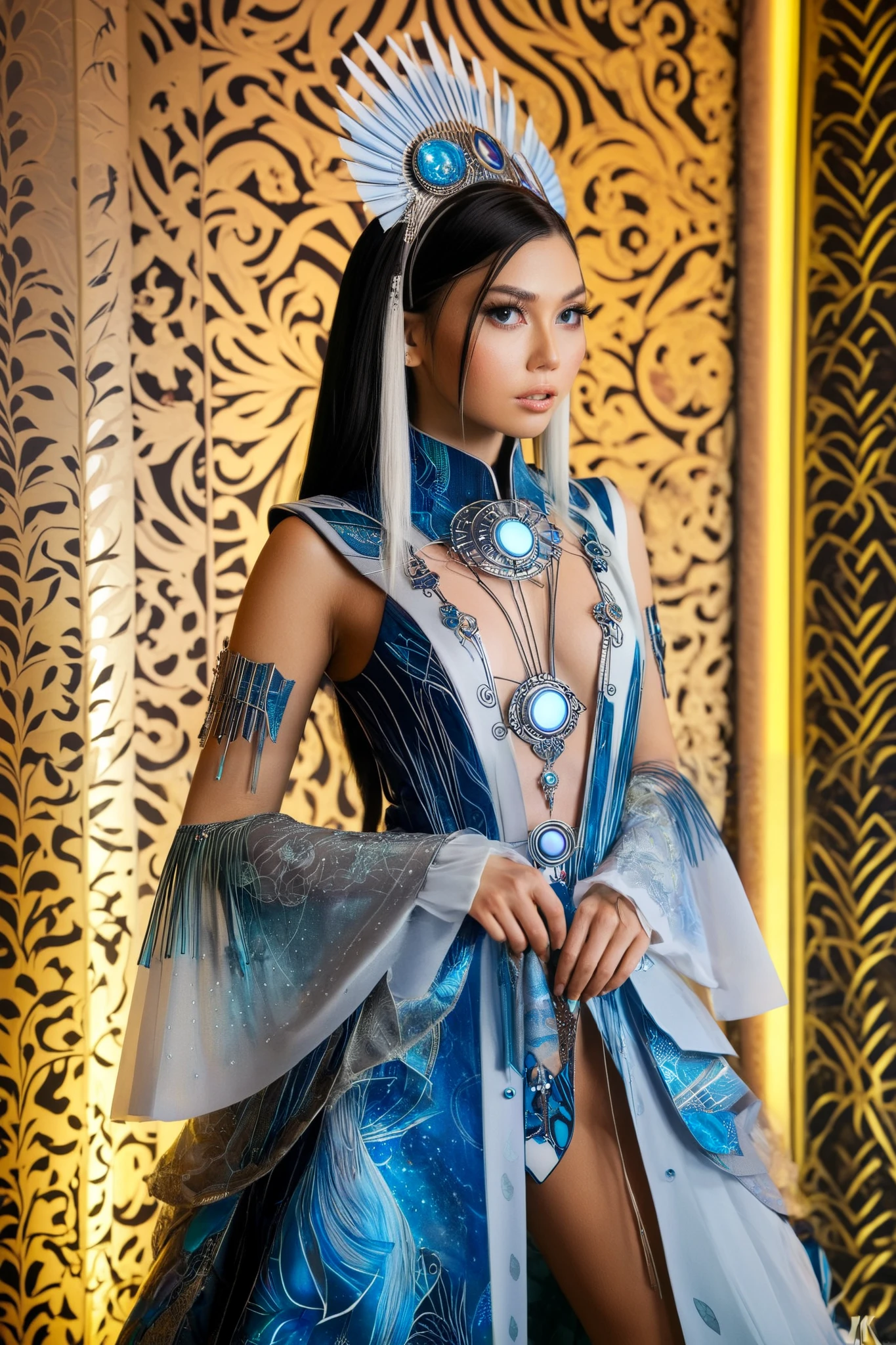 Stunning hyperrealistic Japanese girl , by Ash Thorpe and Martha Nael , anime, manga, character, only the upper body , in sophisticated fantasy clothing , inspired by Indonesian culture , futuristic and modern , bright colors , soft focus , warm lighting , Sony a7R IV, ƒ.8, 50 mm, 8 k, high quality printing, Delicate features, complicated details, dynamic pose, combination of traditional and futuristic elements, luxury accessories , exotic patterns , Batik style design , traditional Indonesian headdress , sophisticated jewelry . in full height are standing next to each other