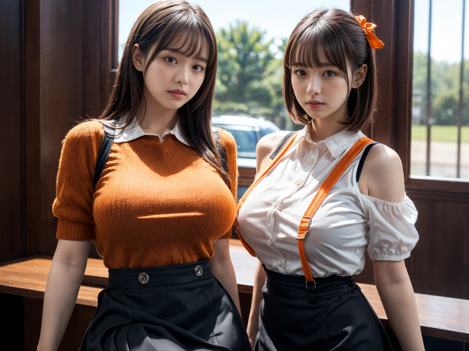 (top-quality)、 (masterpiece)、(Realistic lighting with shadows)、 (elegent)、 (A hyper-realistic:1.2)、(Stylish), (traditional), (artistic), (intricate detailes)、 (Perfect anatomical depiction of the human body)、(2 girls in), ( Huge breasts :1.7), (Beautiful bright blue eyes squinting dazzlingly:1.3)、 (Small bite without lipstick)、 (Brunette half up hair shines with backlight), (She is a schoolgirl costume:1.2)、 (The skirt is a tartan plaid micro mini pleat:1.2)、 (Thin crimson ribbon ties), (She is standing and bending her knees:1.2)、(This is a photo taken with squinted eyes and a cute smile..:1.2), (Pull your skirt wide with both hands to show off your proud crotch:2.9), (Only one person shows off his proud big ass with his back turned:1.9), (the face is chubby:1.2), (perfect anatomia), (A detailed face), (Perfect hands, Correct number of arms, Correct number of fingers, nice hand, Anatomically correct hand), irene1